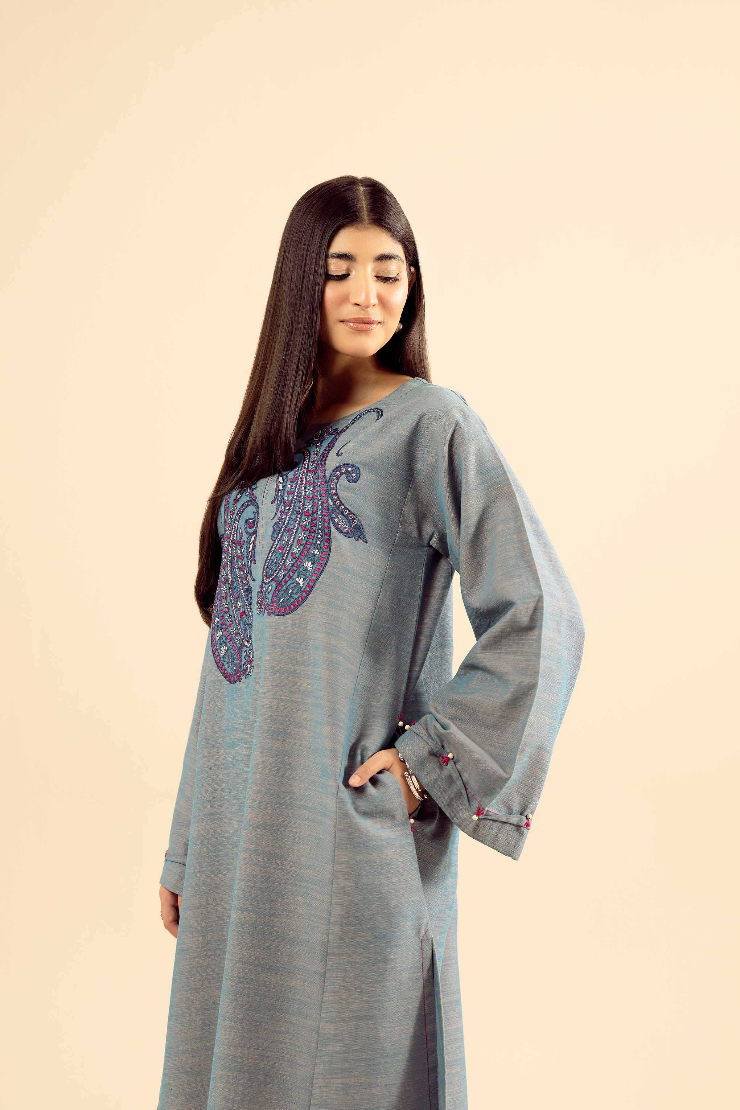 NISHATUAE - Blue Embroidered Khaddar 2-piece Ready to wear Dress
