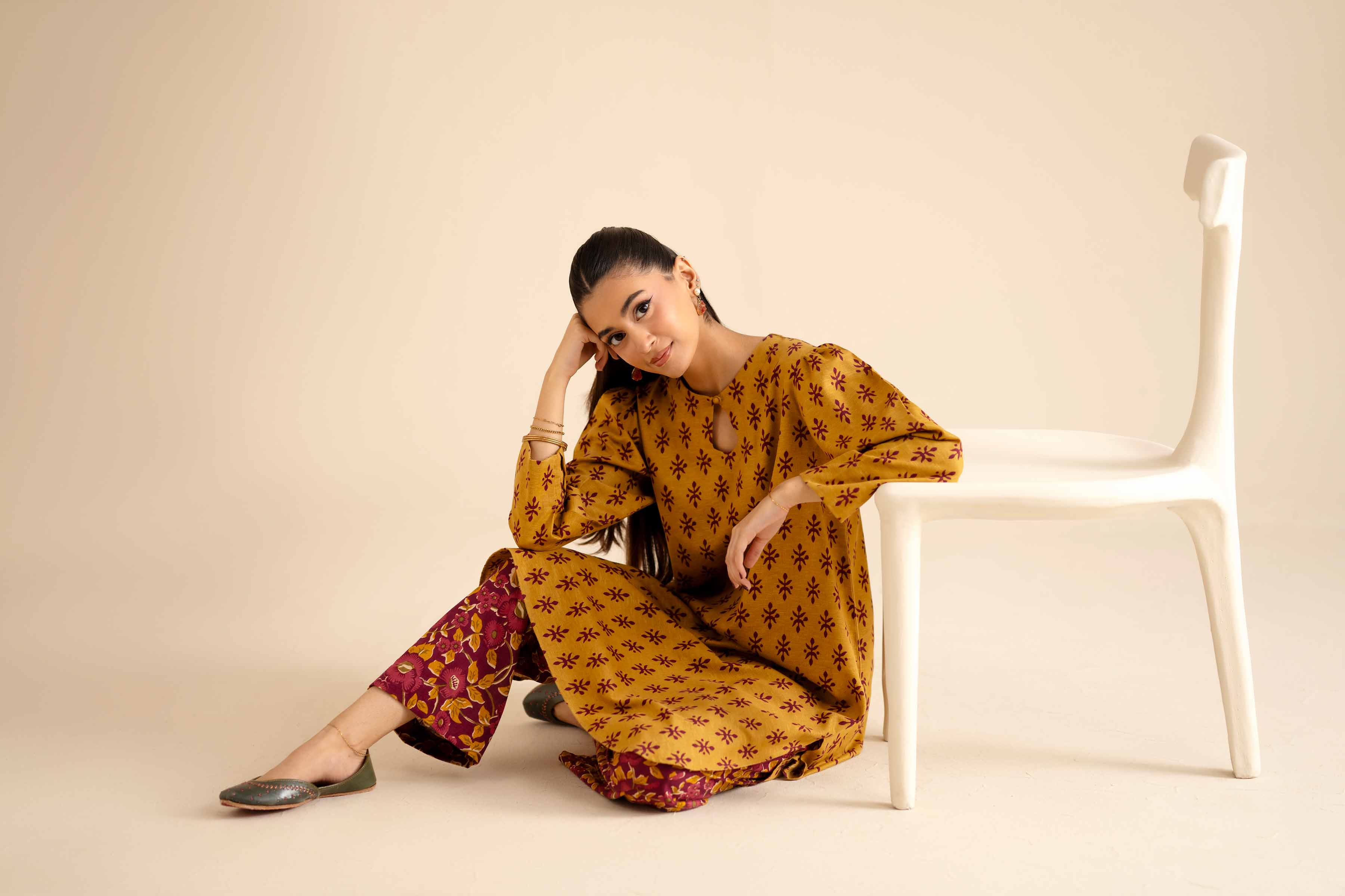 NISHATUAE - Mustard Printed Karandi 2-piece Ready to wear Dress