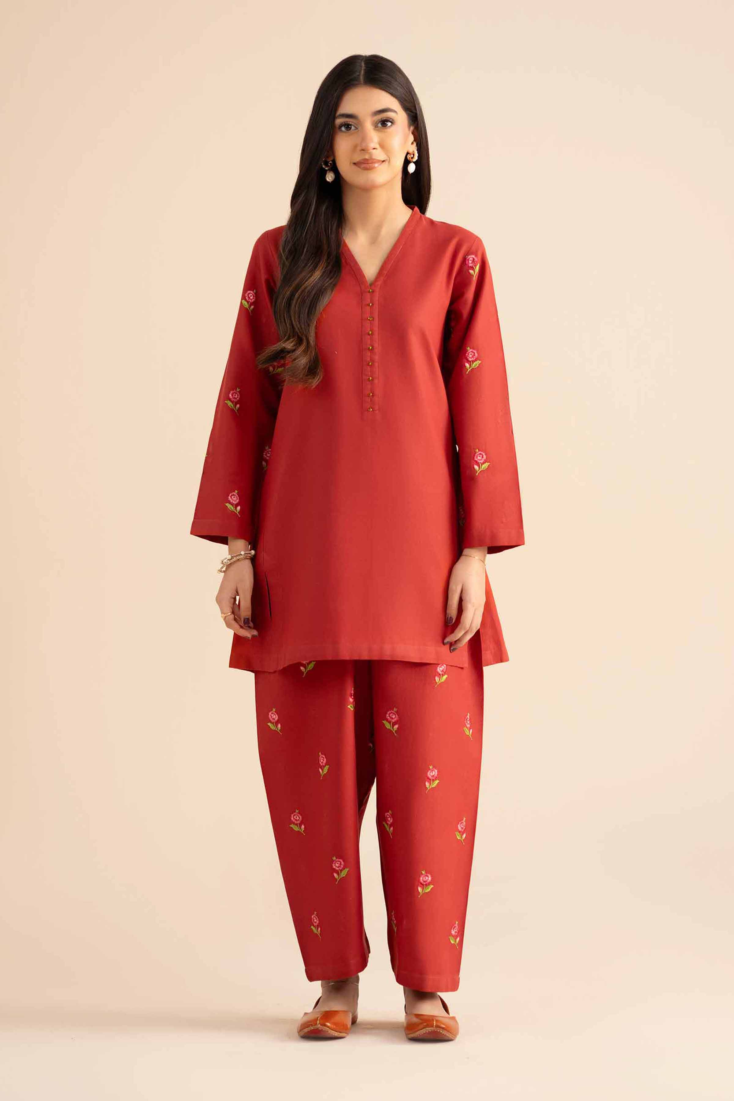 NISHATUAE - Orange Embroidered Cotton 2-piece Ready to wear Dress