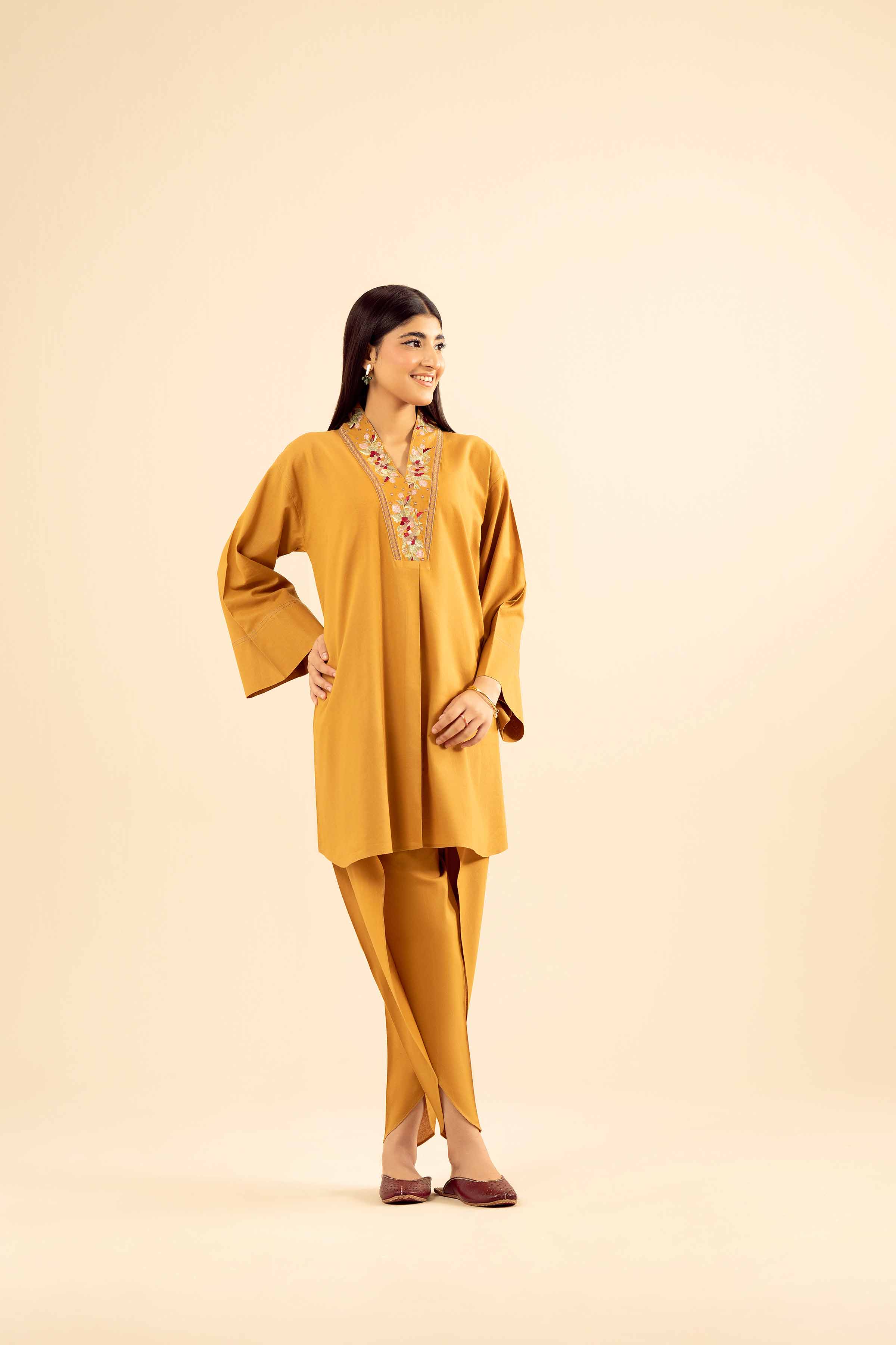 NISHATUAE - Mustard Embroidered Cotton 2-piece Ready to wear Dress