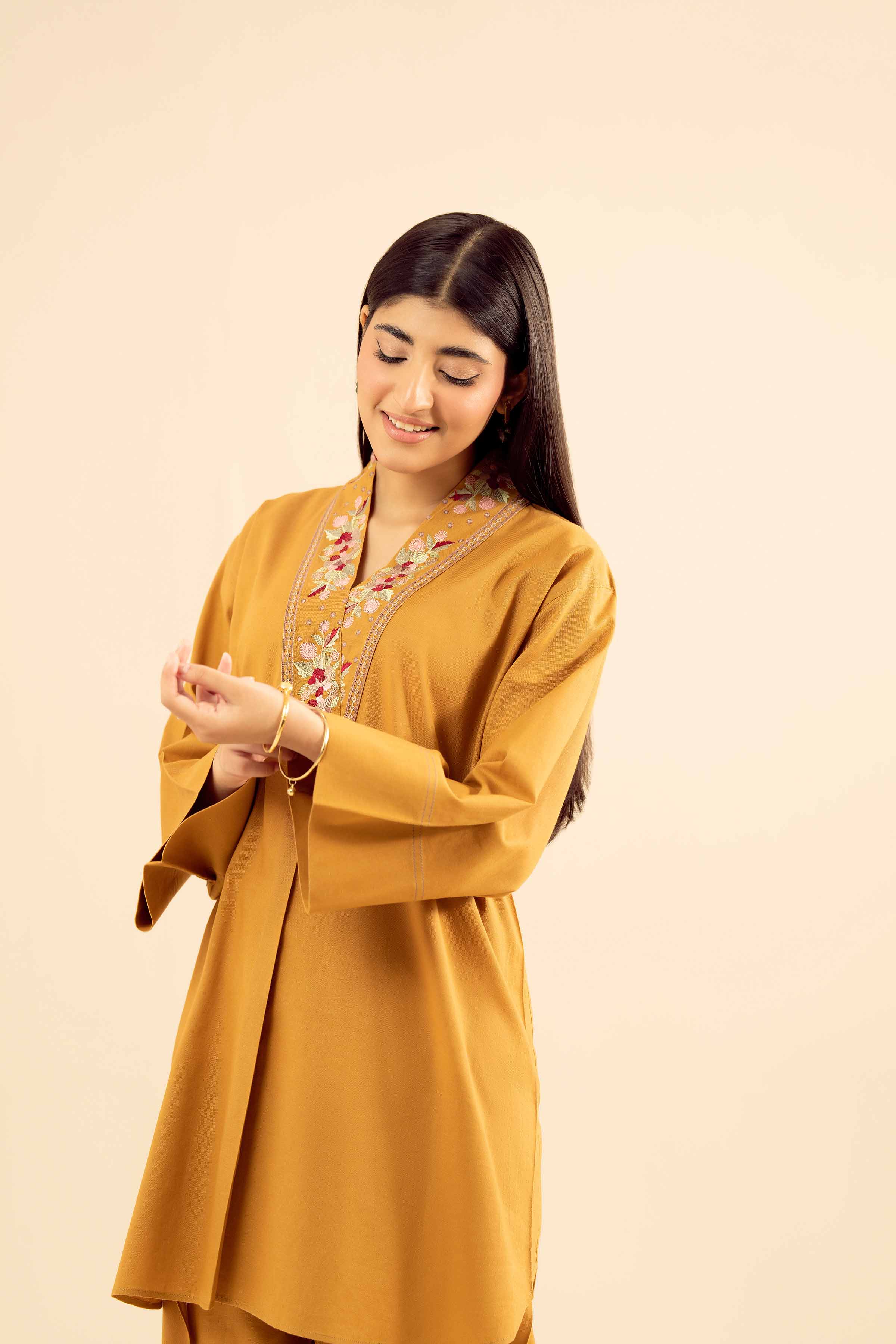 NISHATUAE - Mustard Embroidered Cotton 2-piece Ready to wear Dress