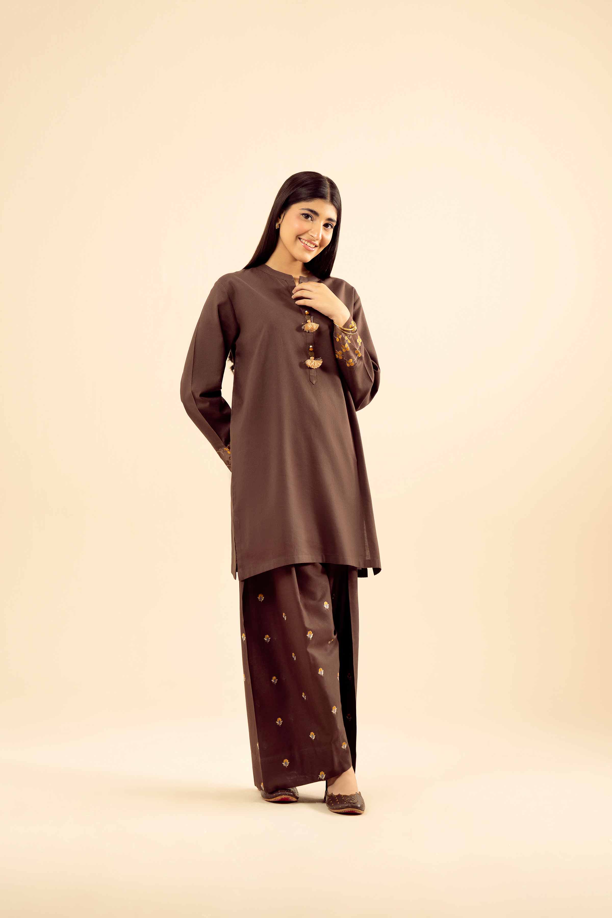 NISHATUAE - Brown Embroidered Cotton 2-piece Ready to wear Dress