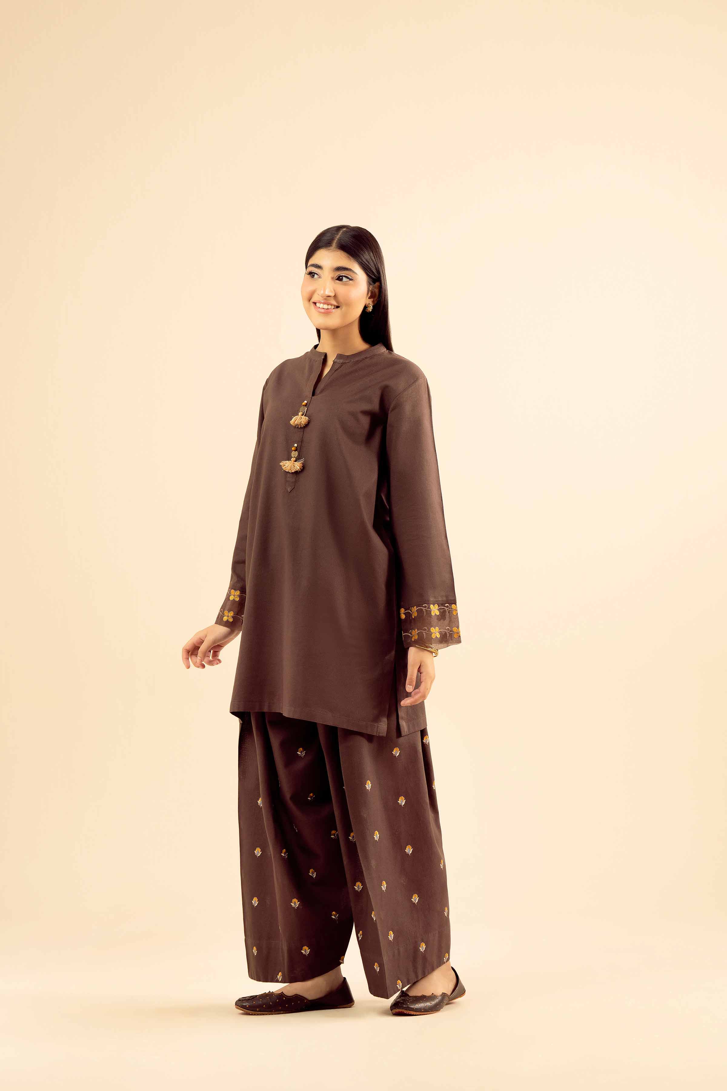 NISHATUAE - Brown Embroidered Cotton 2-piece Ready to wear Dress