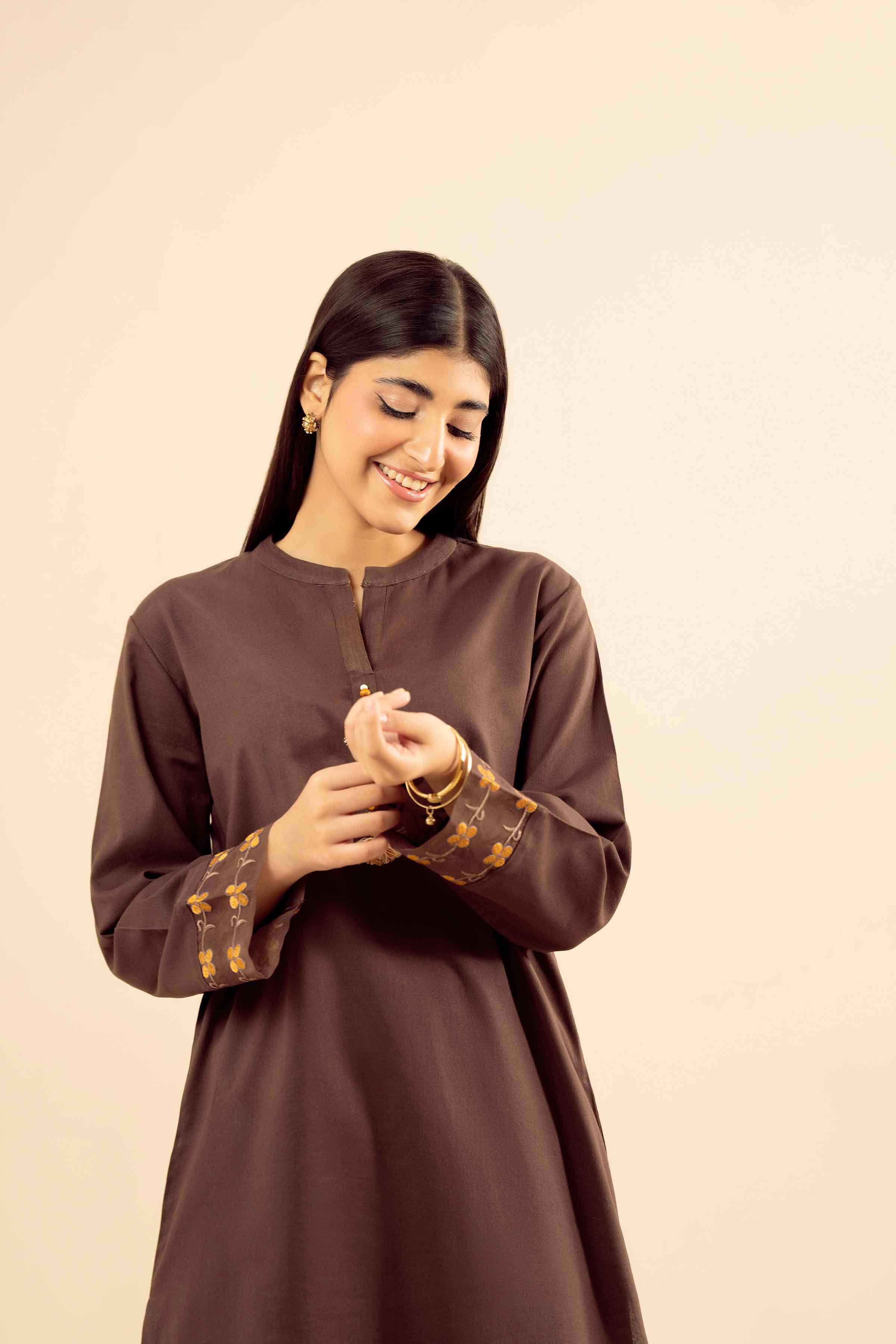 NISHATUAE - Brown Embroidered Cotton 2-piece Ready to wear Dress