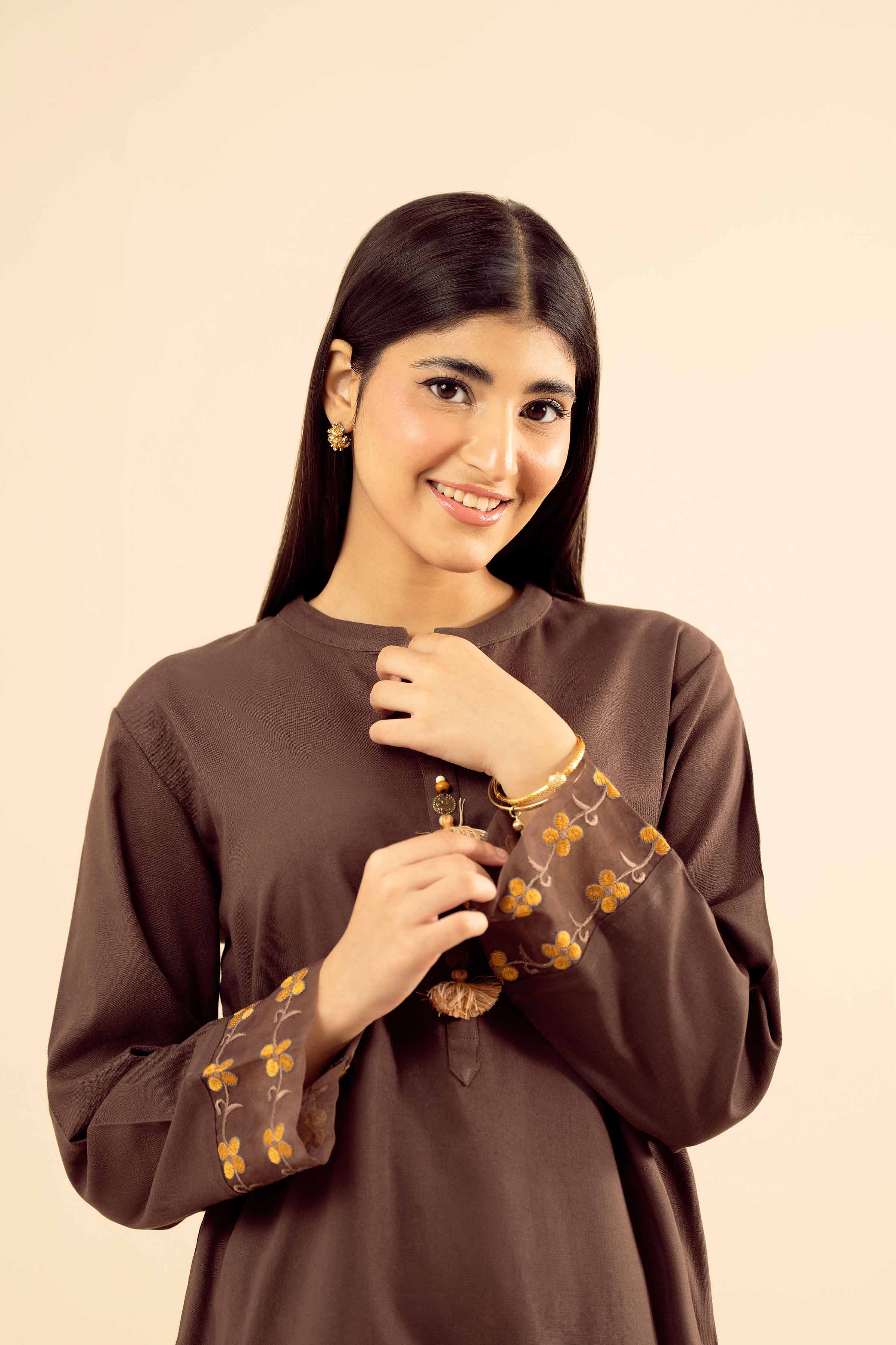 NISHATUAE - Brown Embroidered Cotton 2-piece Ready to wear Dress