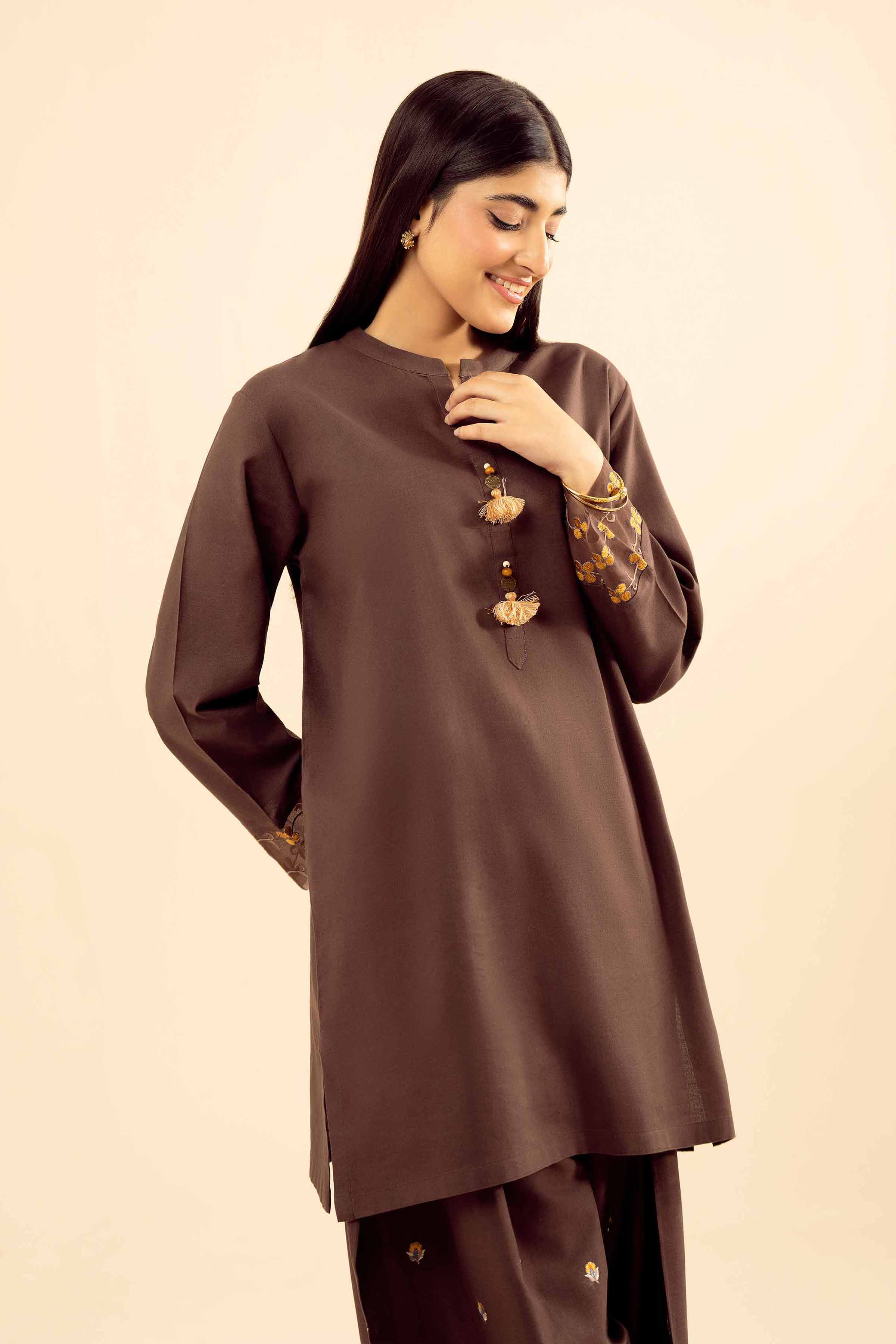 NISHATUAE - Brown Embroidered Cotton 2-piece Ready to wear Dress