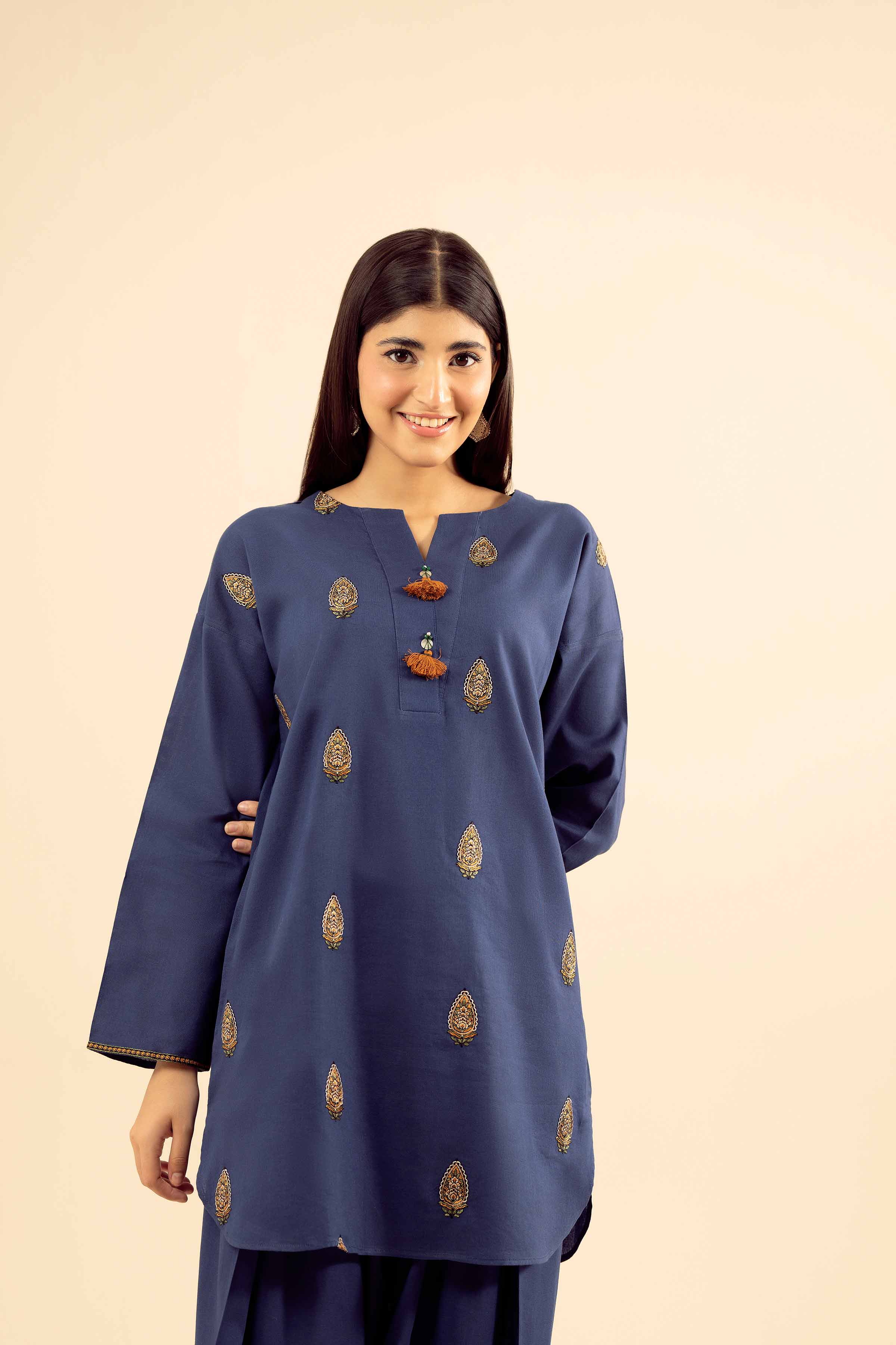 NISHATUAE - Blue Embroidered Cotton 2-piece Ready to wear Dress