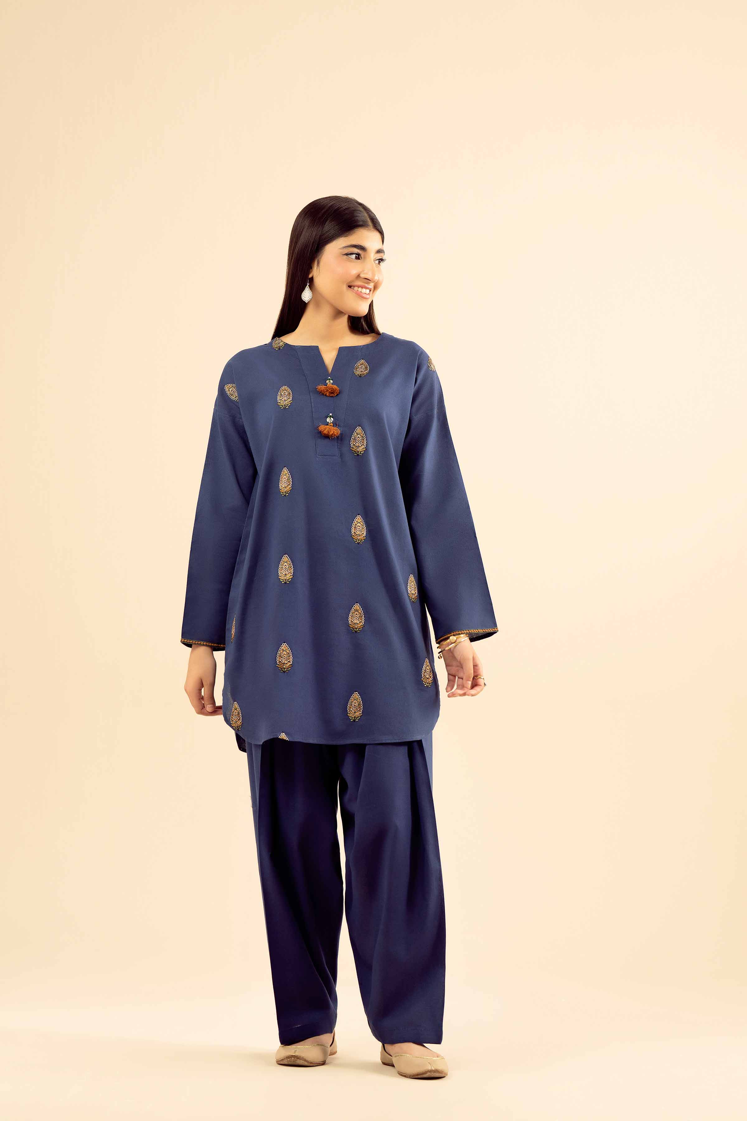 NISHATUAE - Blue Embroidered Cotton 2-piece Ready to wear Dress