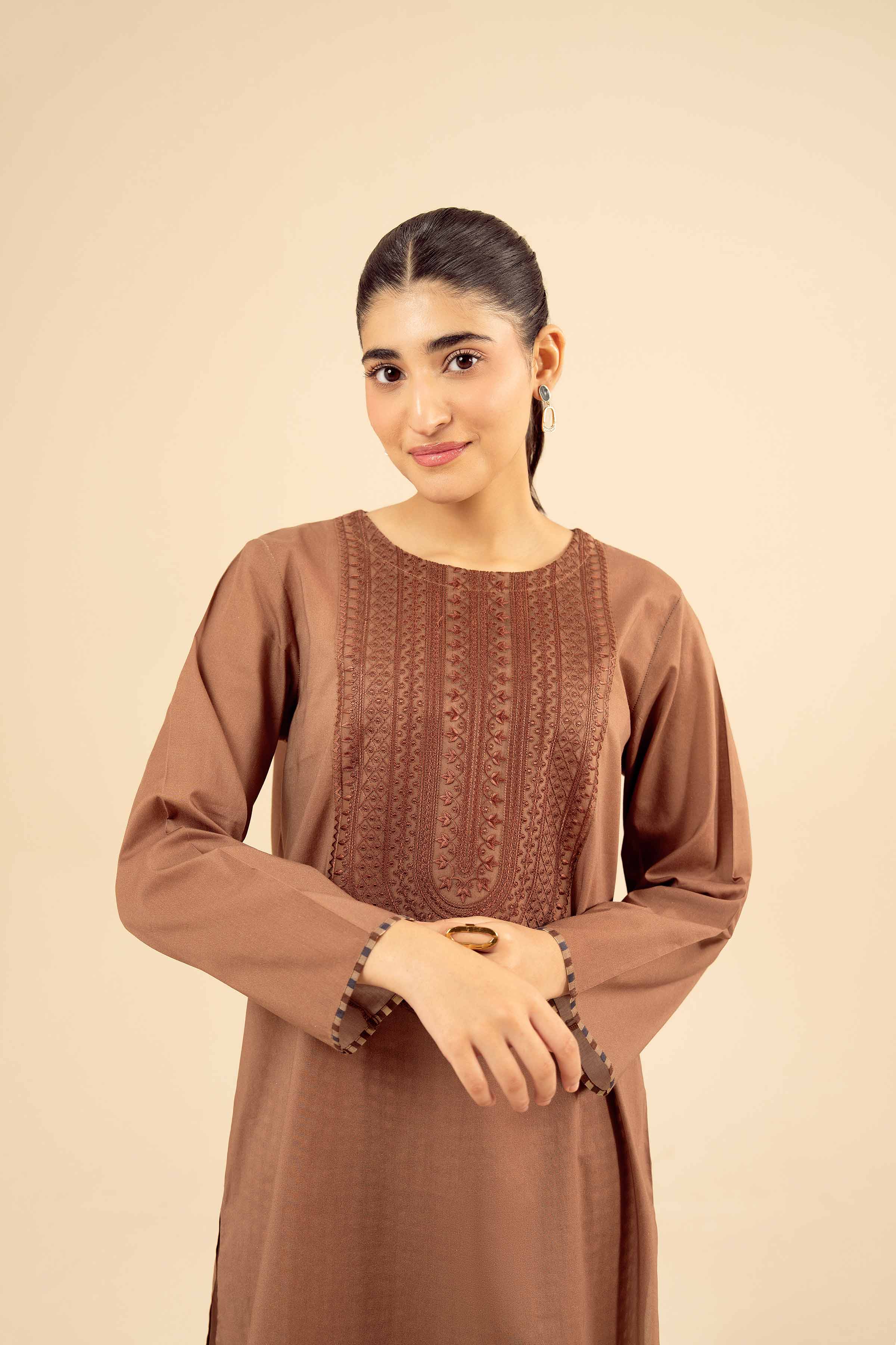 NISHATUAE - Brown Embroidered Cambric 2-piece Ready to wear Dress