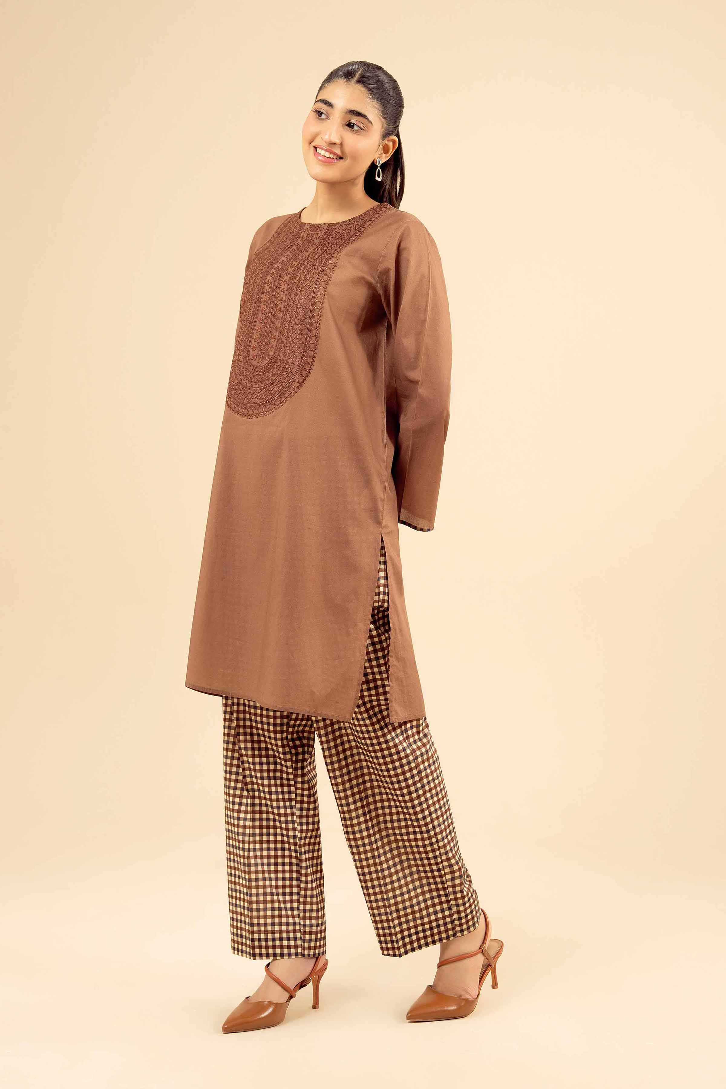 NISHATUAE - Brown Embroidered Cambric 2-piece Ready to wear Dress