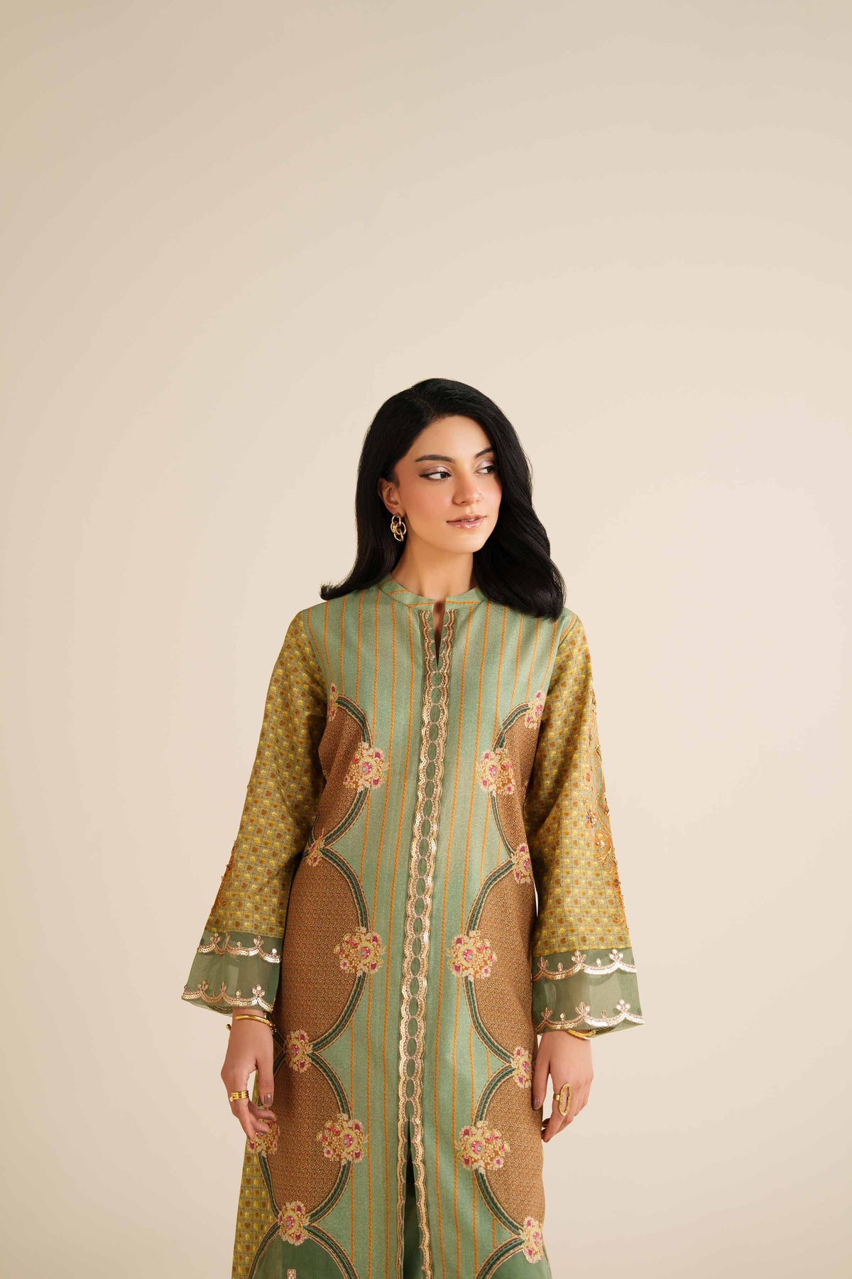 Green 2-Piece Printed Embroidered Suit in Gold Slub ready-to-wear