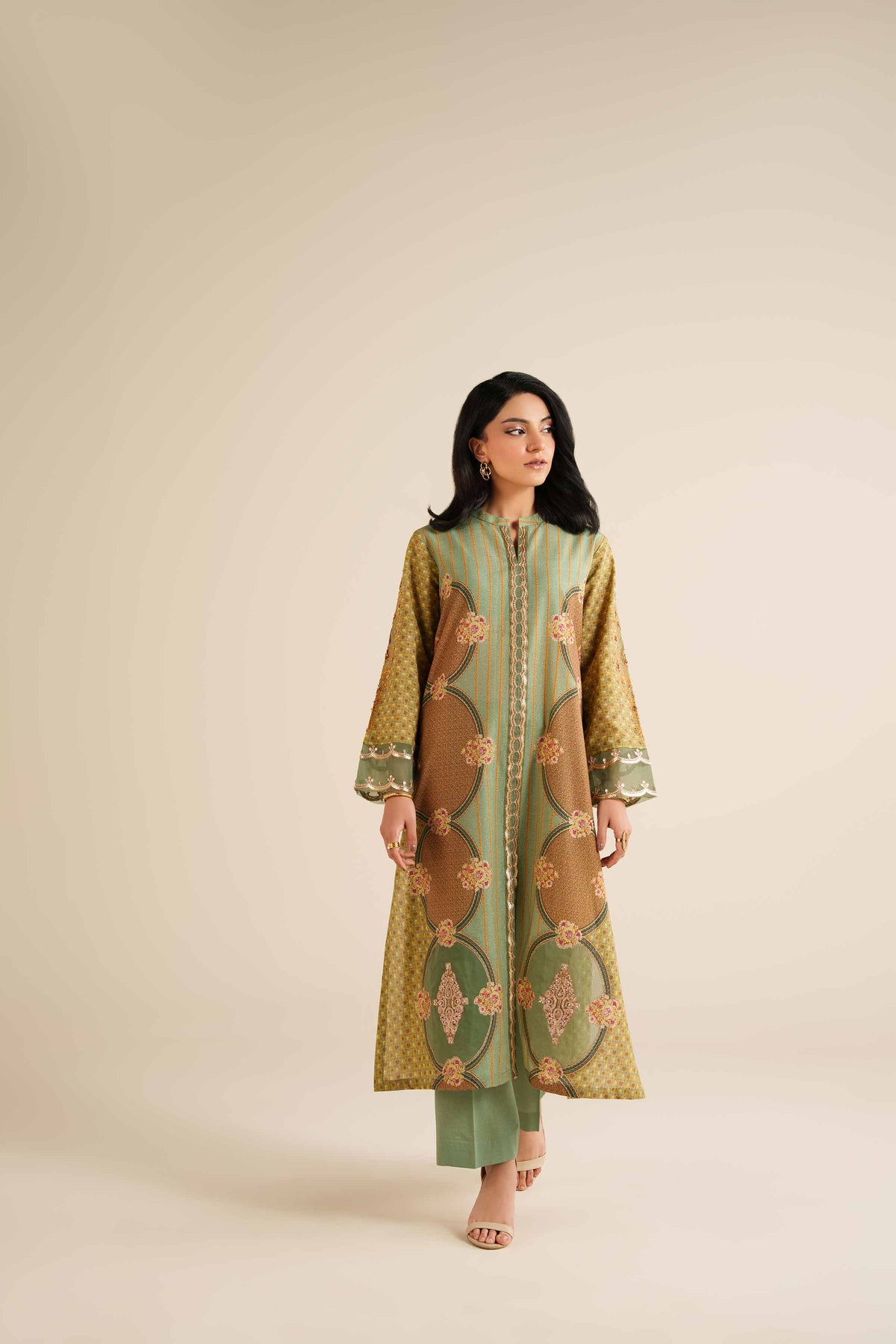 Green 2-Piece Printed Embroidered Suit in Gold Slub ready-to-wear