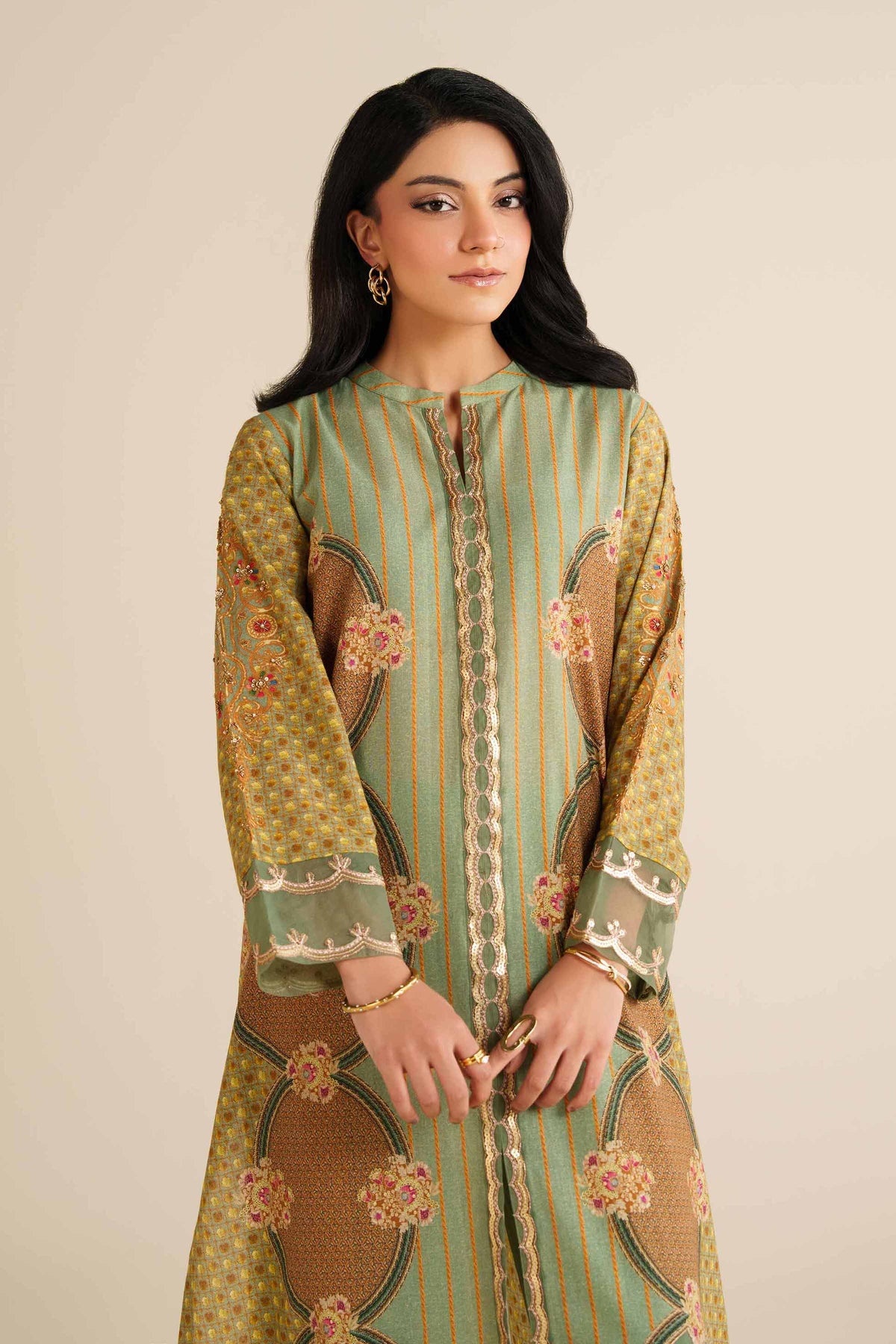 Green 2-Piece Printed Embroidered Suit in Gold Slub ready-to-wear