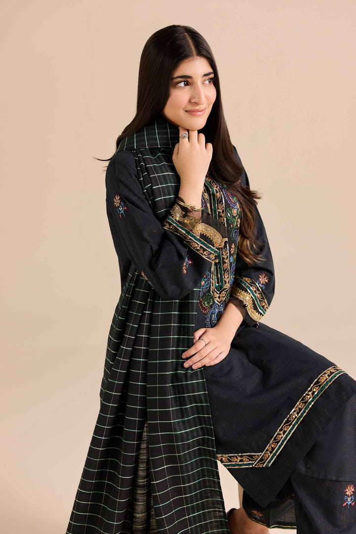 NISHATUAE - Black Embroidered Slub 2-piece Ready to wear Dress