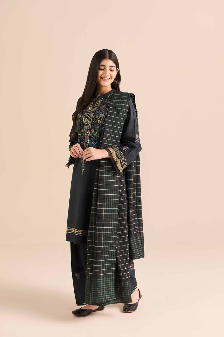 NISHATUAE - Black Embroidered Slub 2-piece Ready to wear Dress