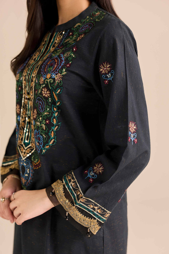 NISHATUAE - Black Embroidered Slub 2-piece Ready to wear Dress