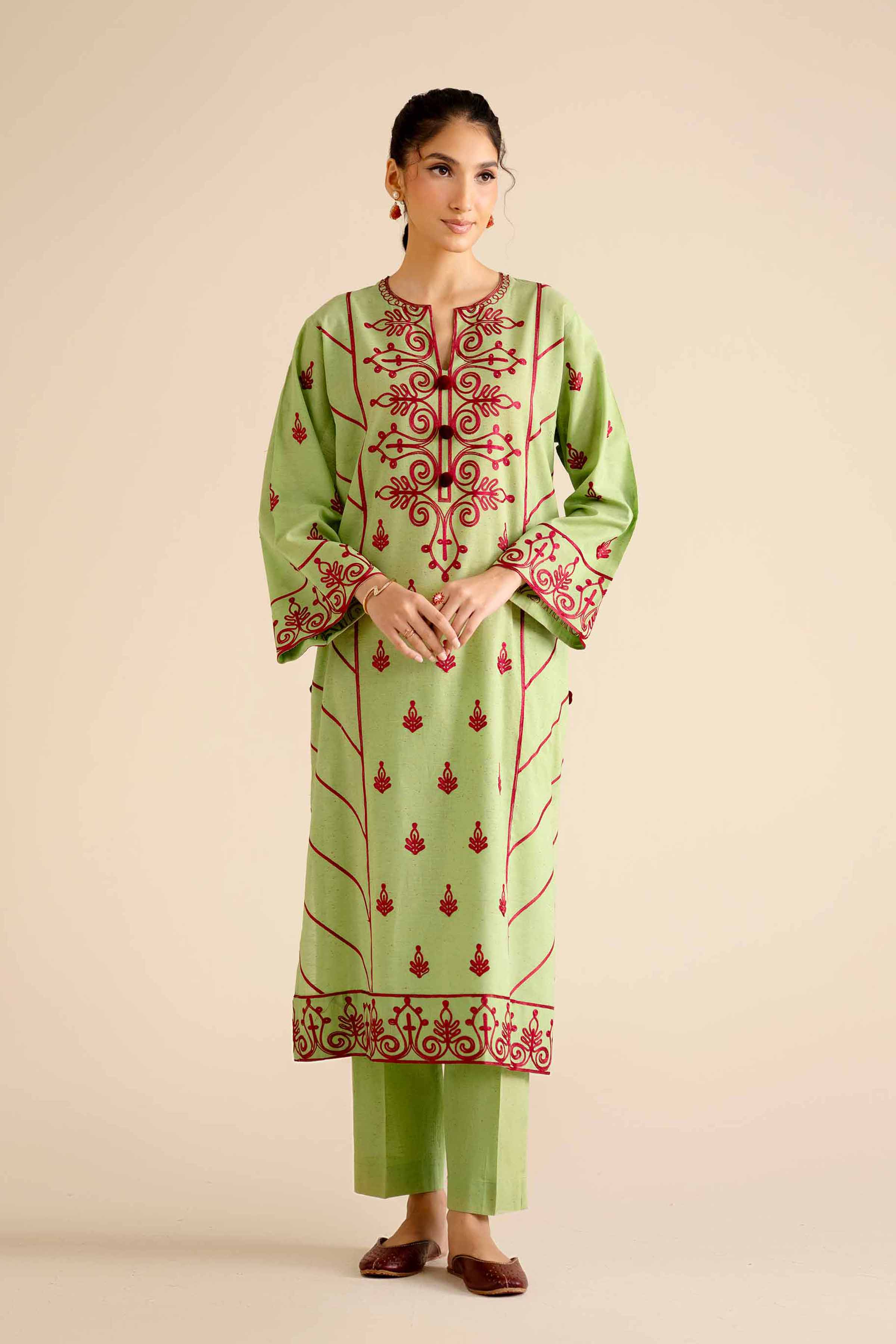 NISHATUAE - Green Embroidered Khaddar 2-piece Ready to wear Dress