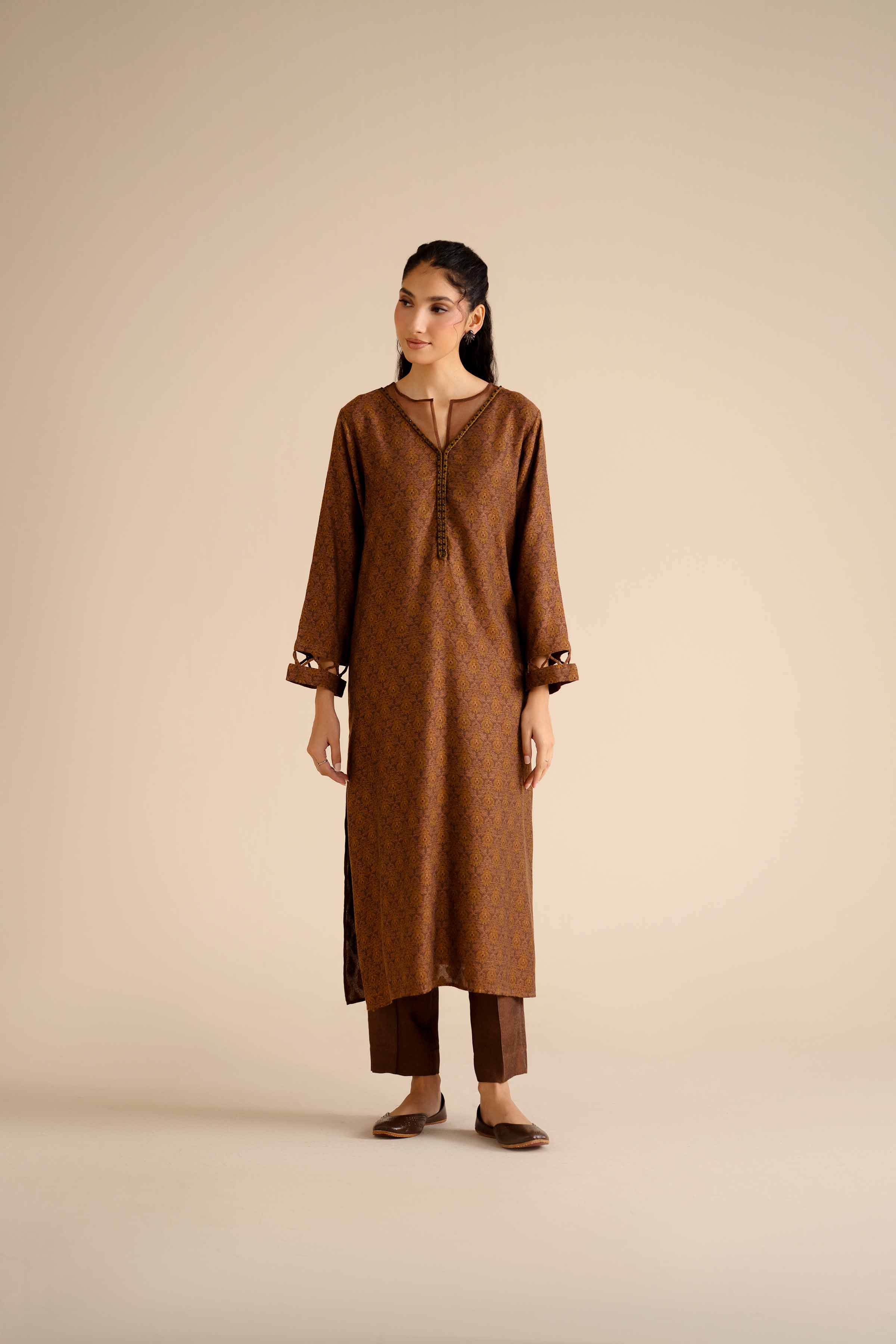 NISHATUAE - Brown Printed Jamawar 2-piece Ready to wear Dress