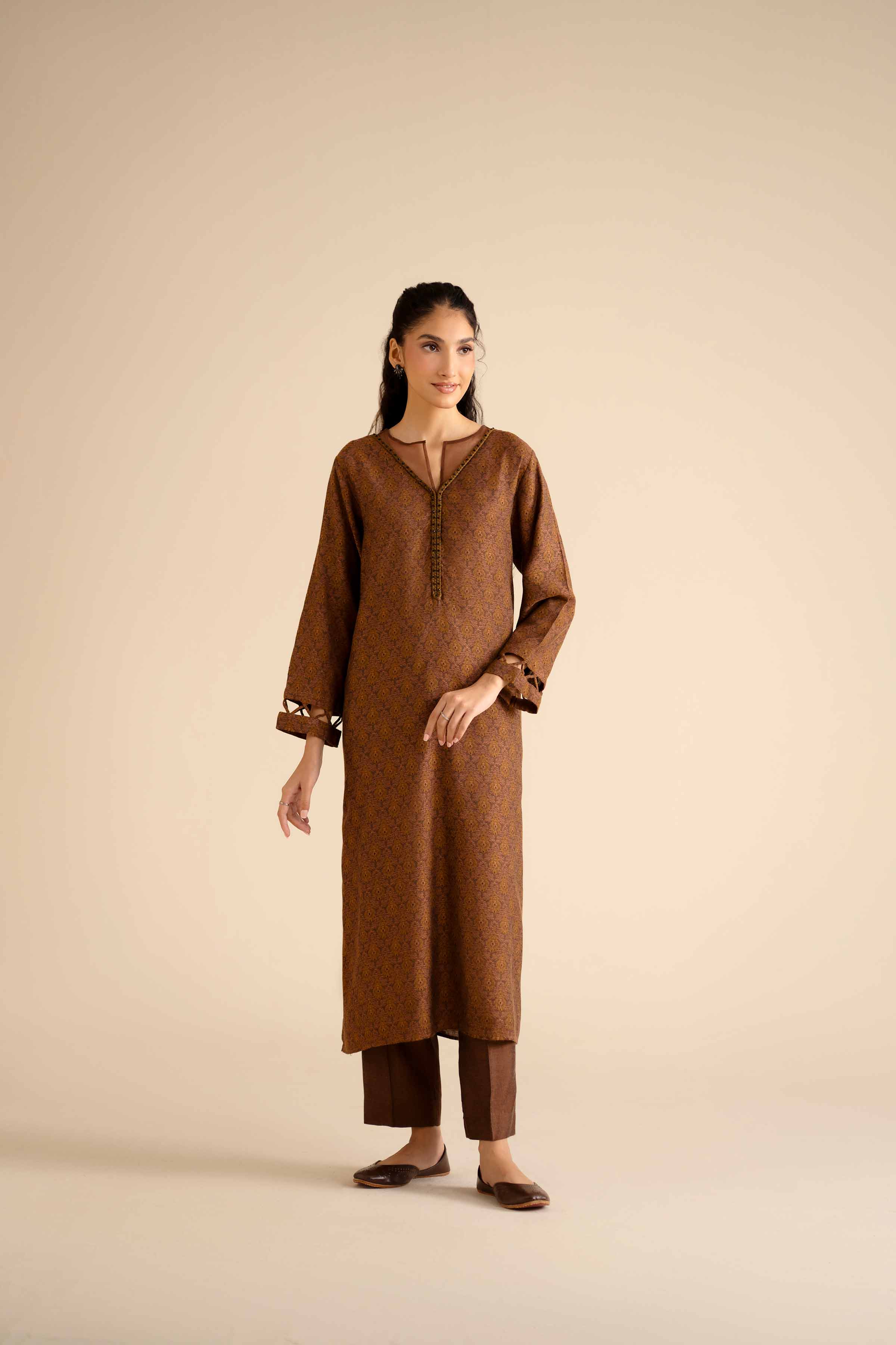 NISHATUAE - Brown Printed Jamawar 2-piece Ready to wear Dress