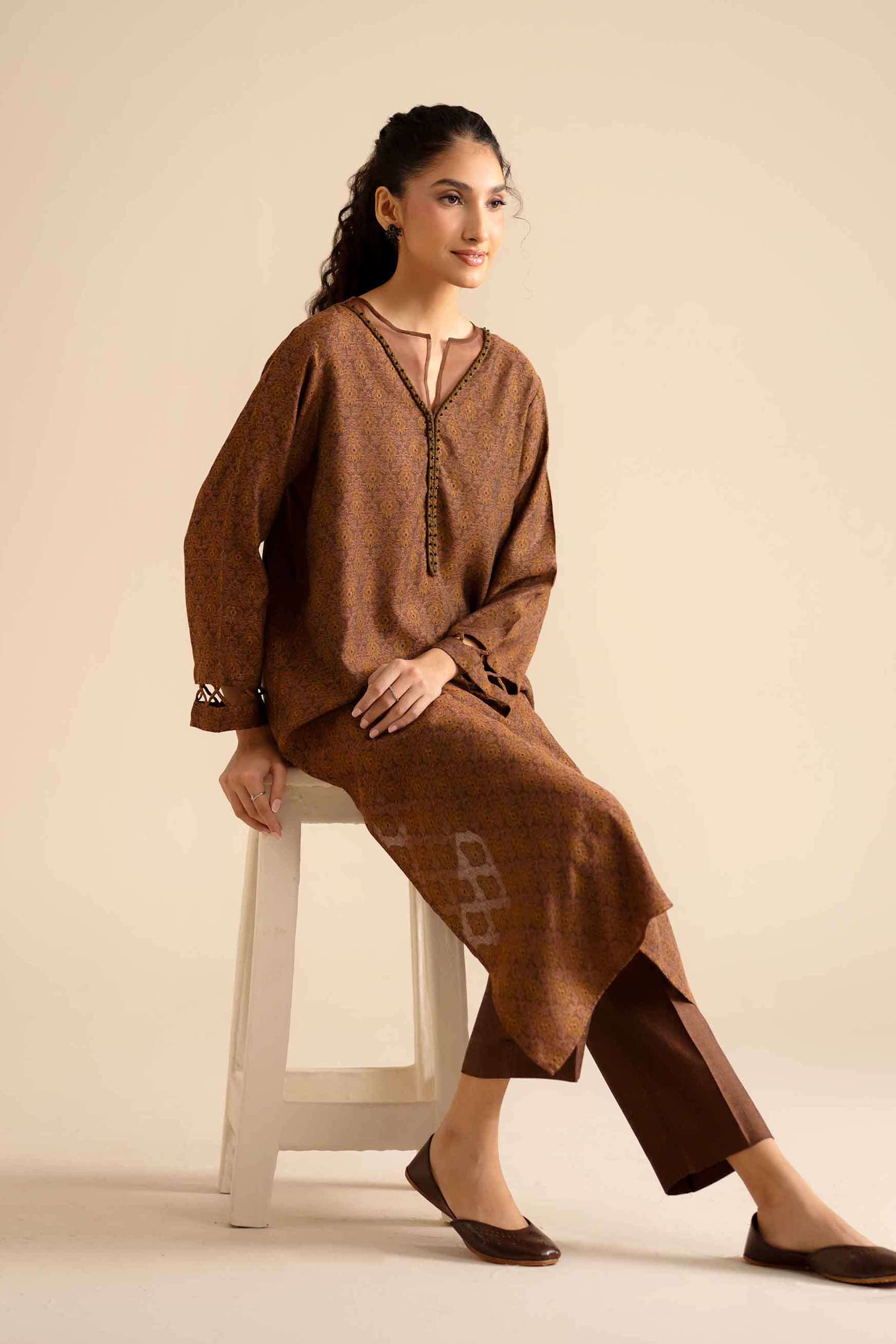 NISHATUAE - Brown Printed Jamawar 2-piece Ready to wear Dress