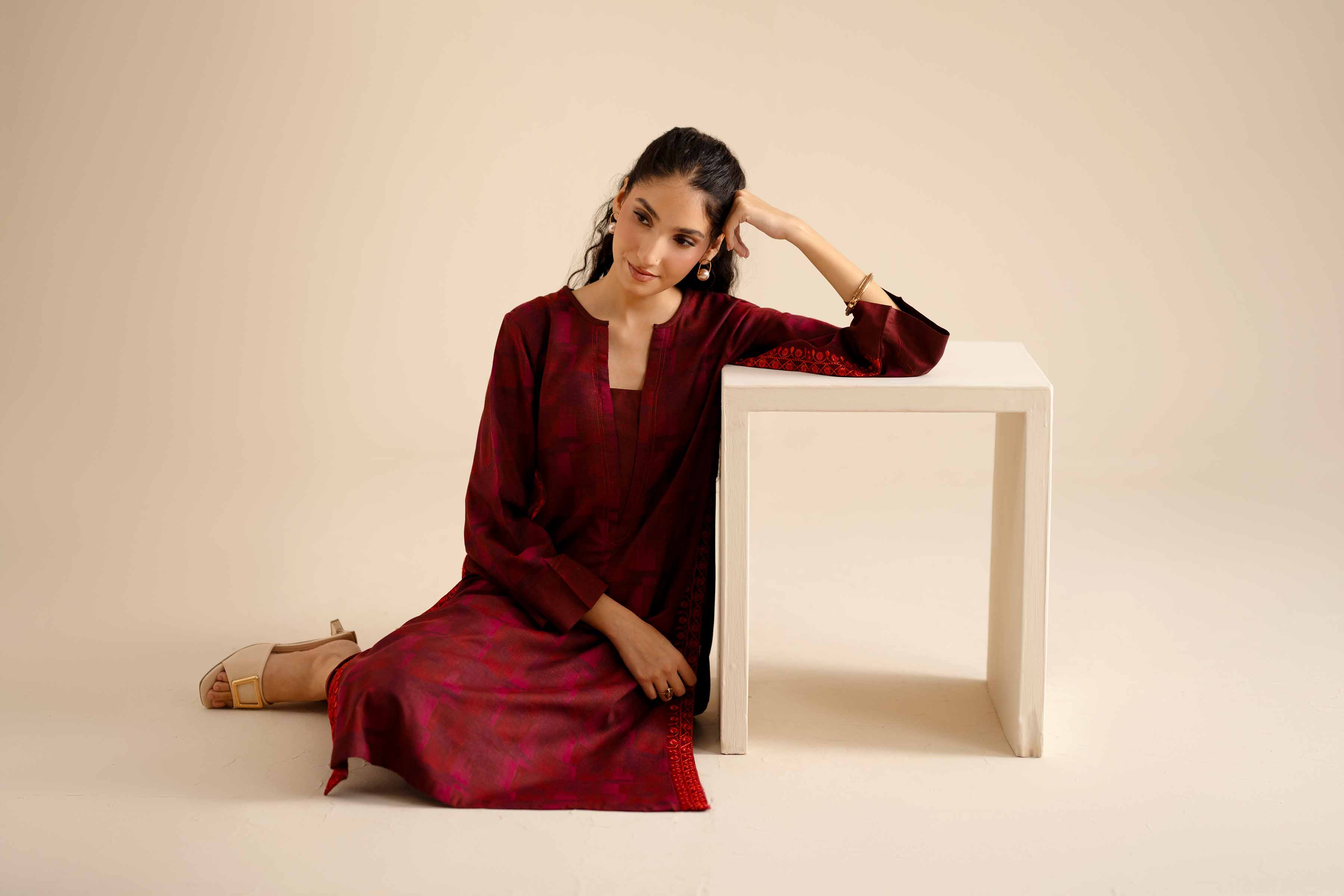 NISHATUAE - Red Solids Jamawar 2-piece Ready to wear Dress
