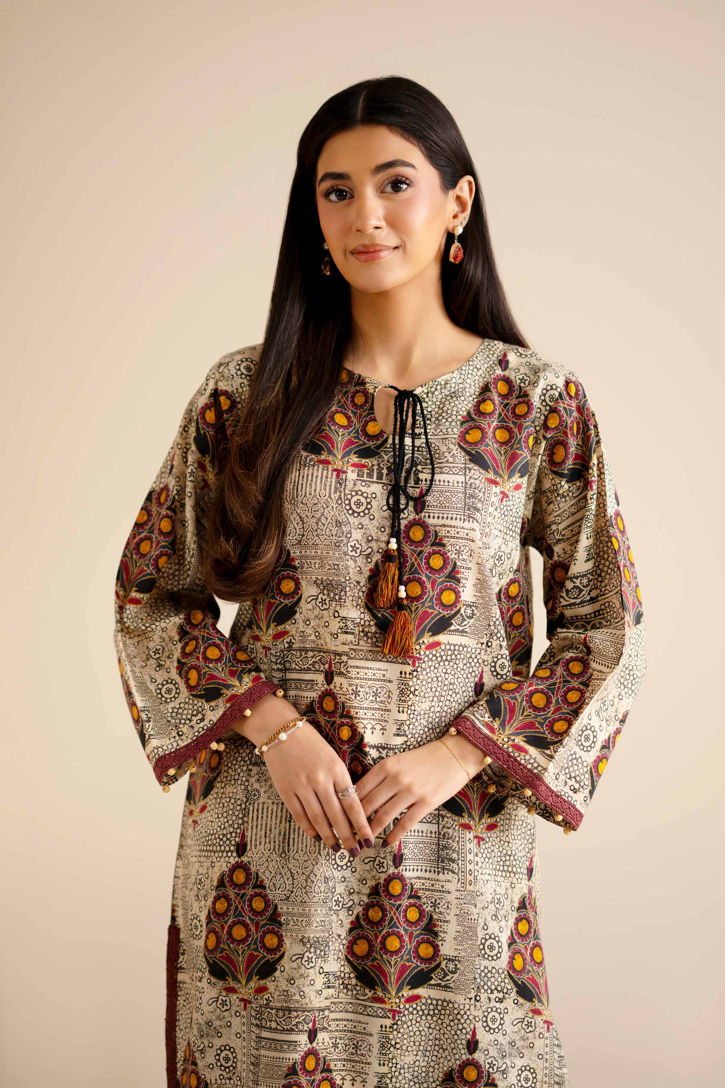 NISHATUAE - Beige Printed Tropical 2-piece Ready to wear Dress