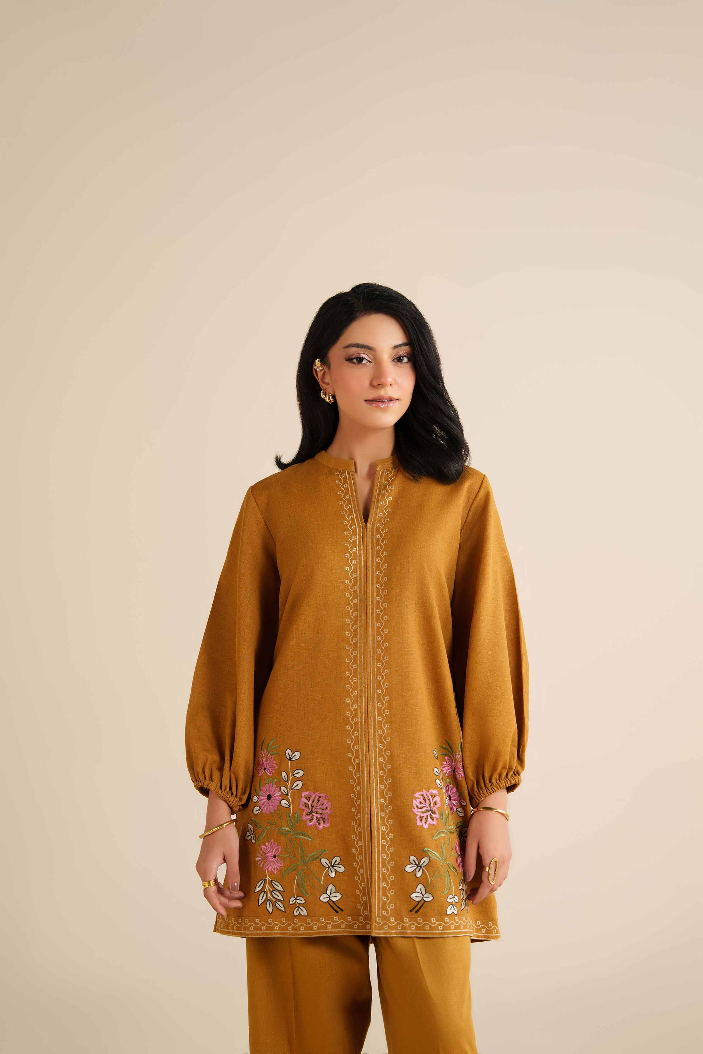 NISHATUAE - Mustard Embroidered Karandi 2-piece Ready to wear Dress