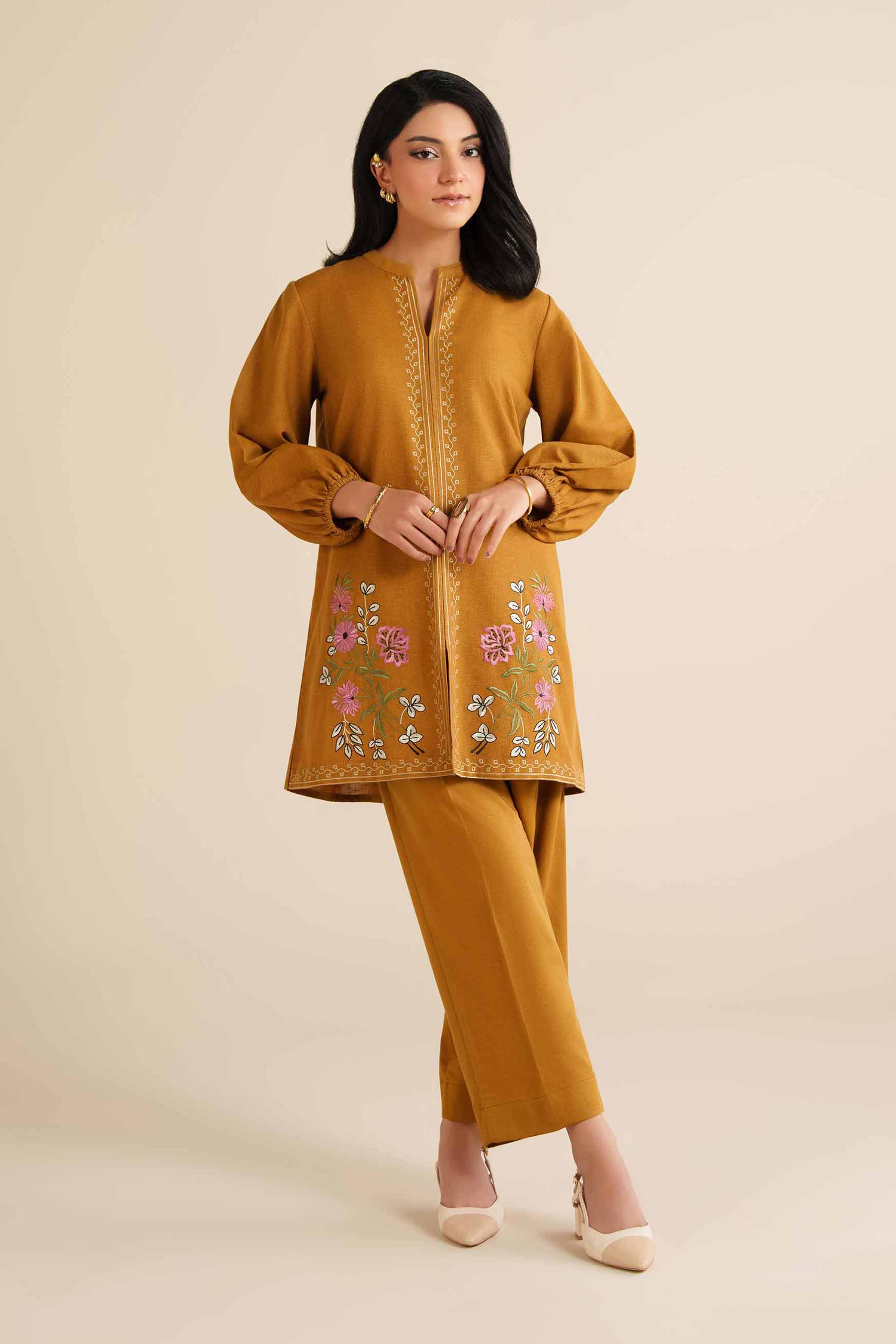 NISHATUAE - Mustard Embroidered Karandi 2-piece Ready to wear Dress