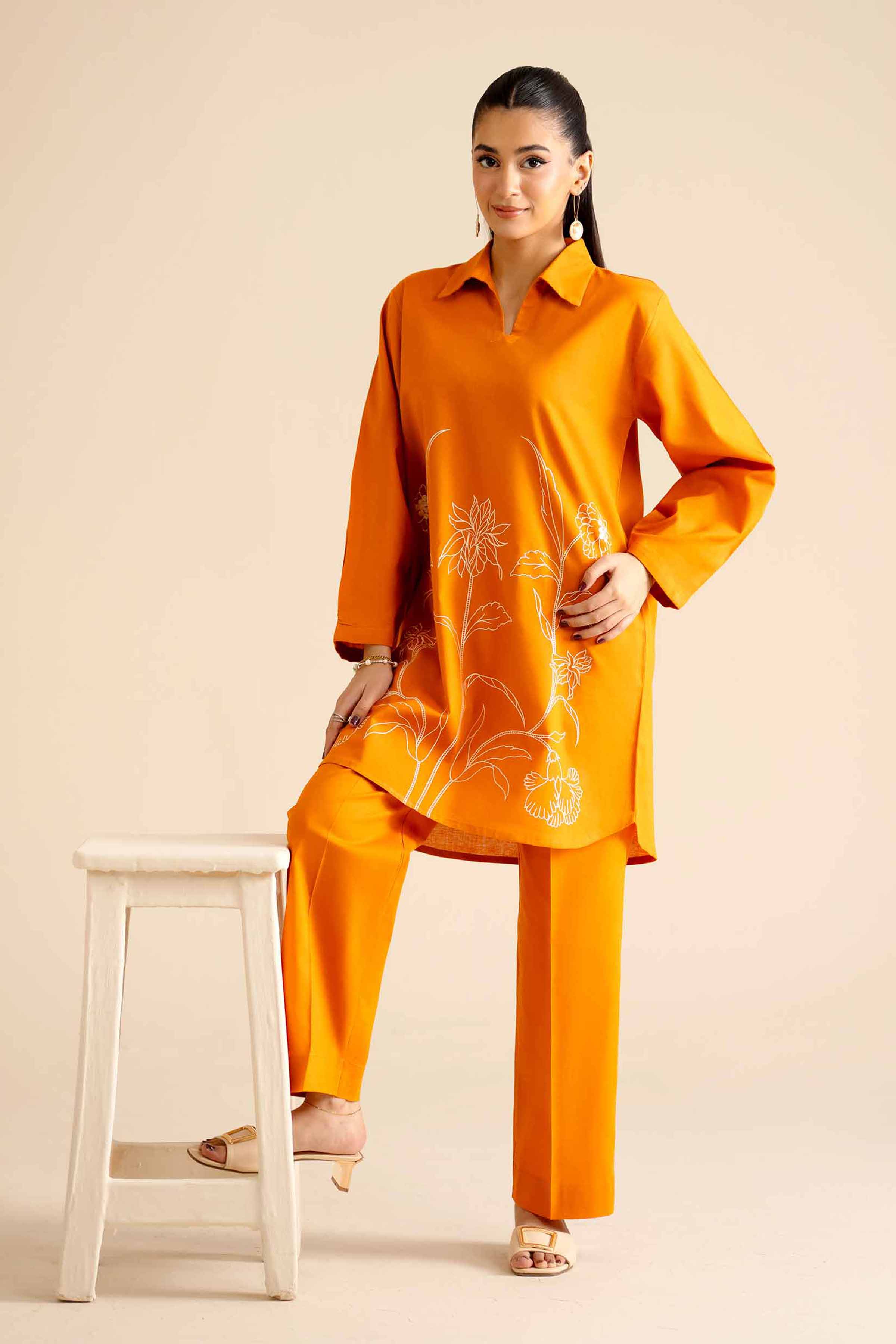 NISHATUAE - Orange Embroidered Cotton 2-piece Ready to wear Dress