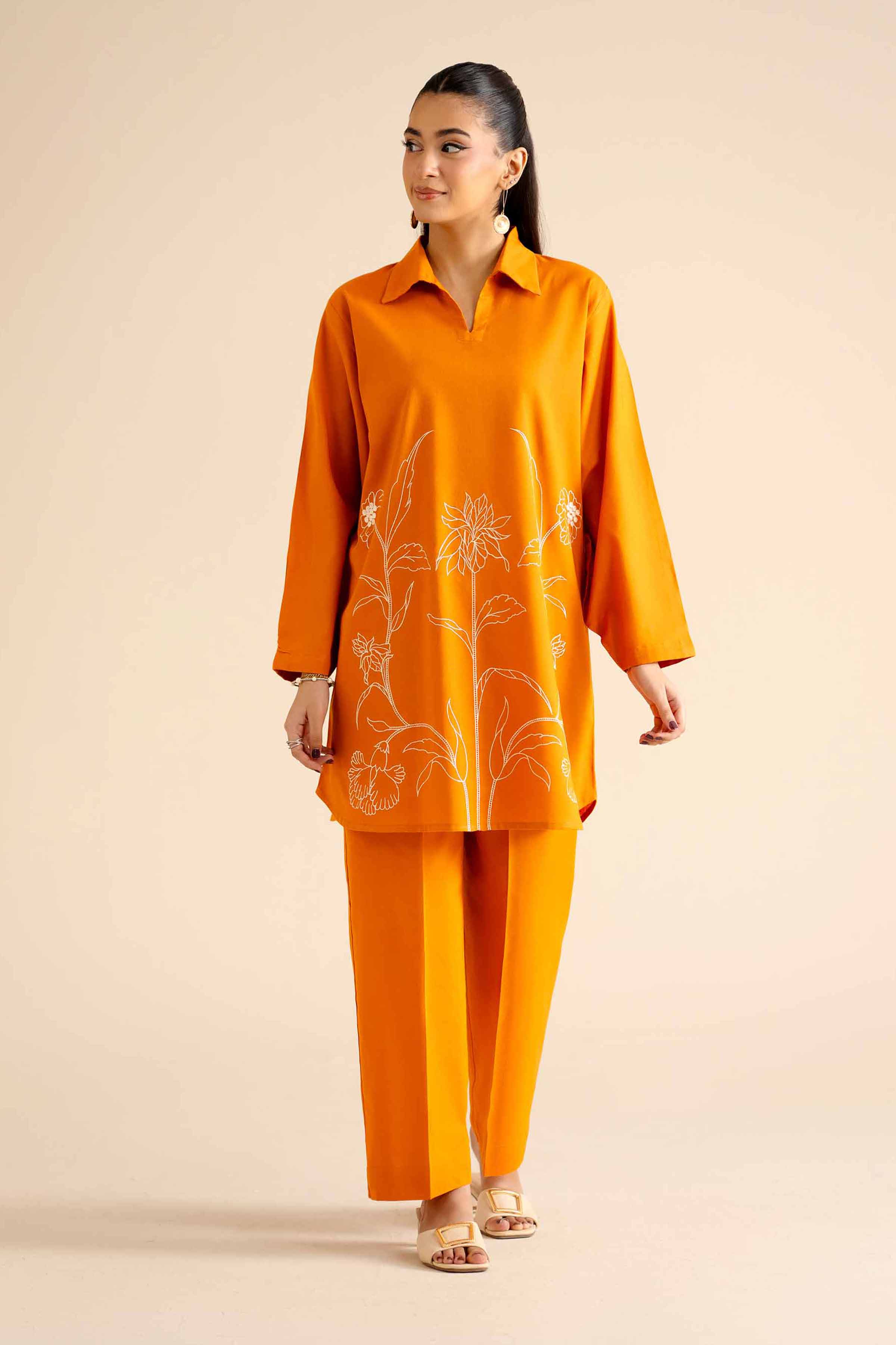 NISHATUAE - Orange Embroidered Cotton 2-piece Ready to wear Dress