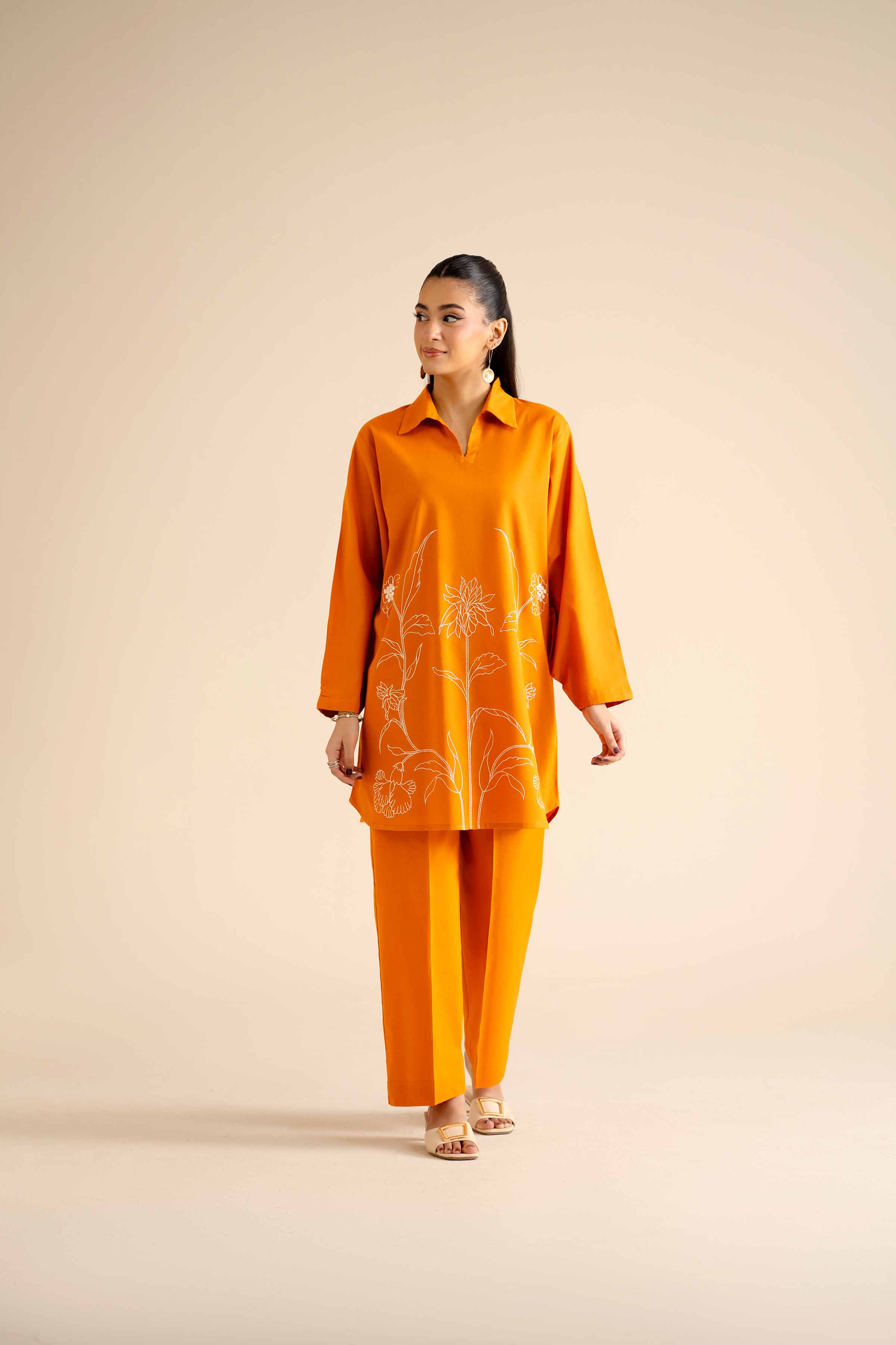 NISHATUAE - Orange Embroidered Cotton 2-piece Ready to wear Dress