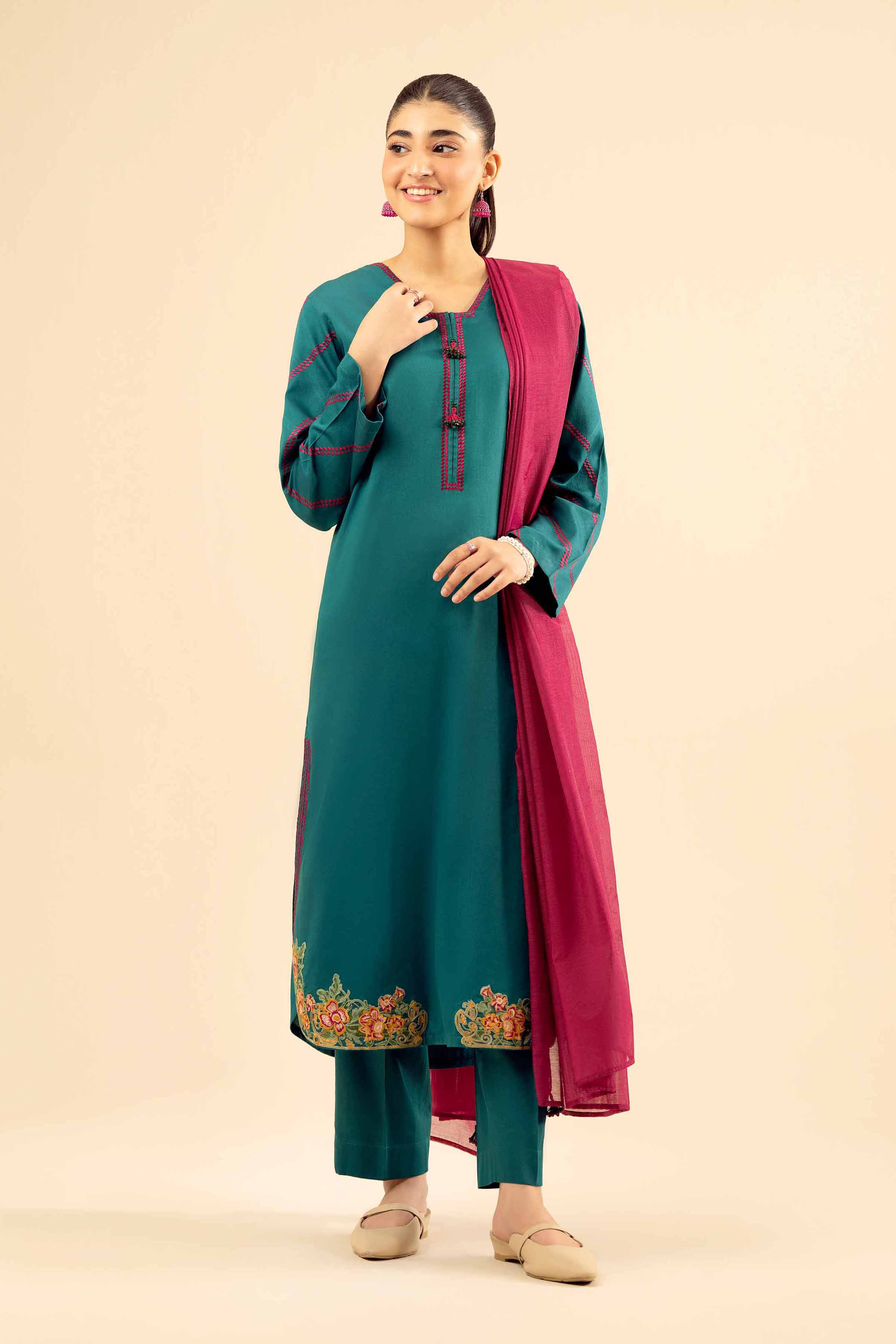 NISHATUAE - Green Embroidered Satin 3-piece Ready to wear Suit
