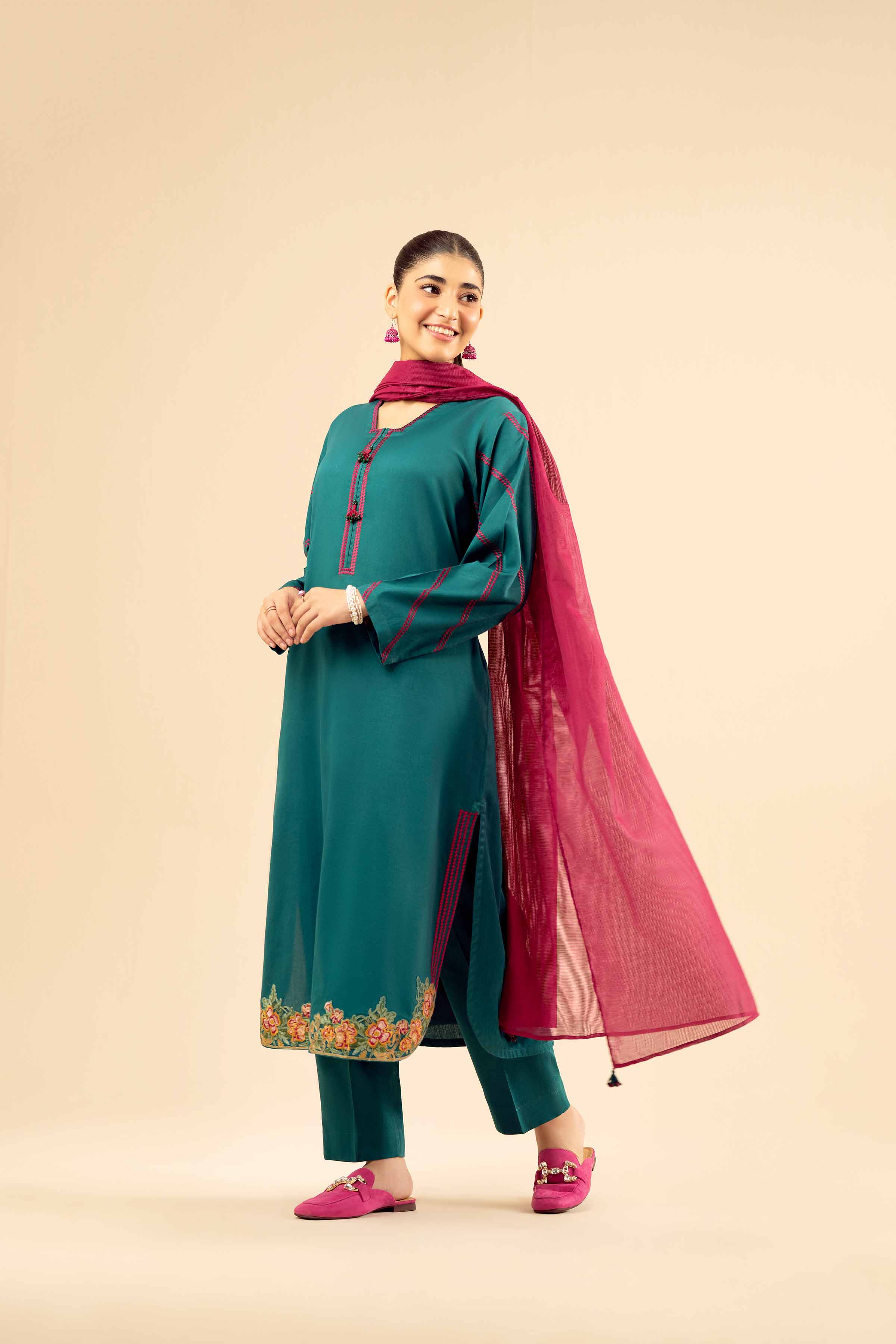 NISHATUAE - Green Embroidered Satin 3-piece Ready to wear Suit