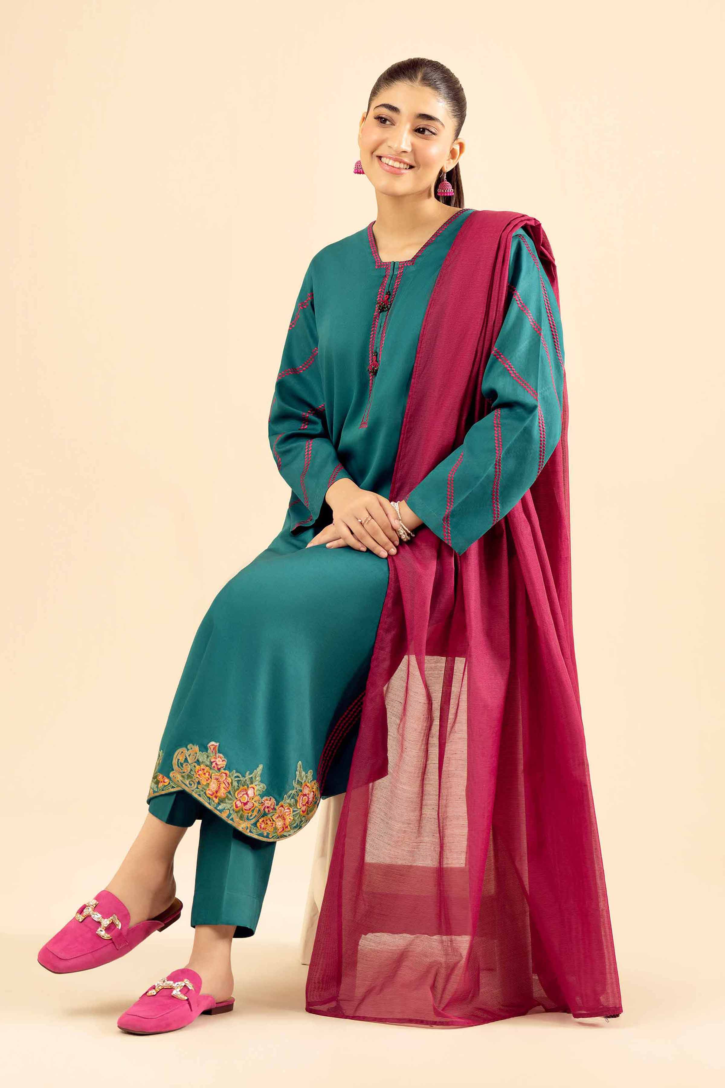 NISHATUAE - Green Embroidered Satin 3-piece Ready to wear Suit