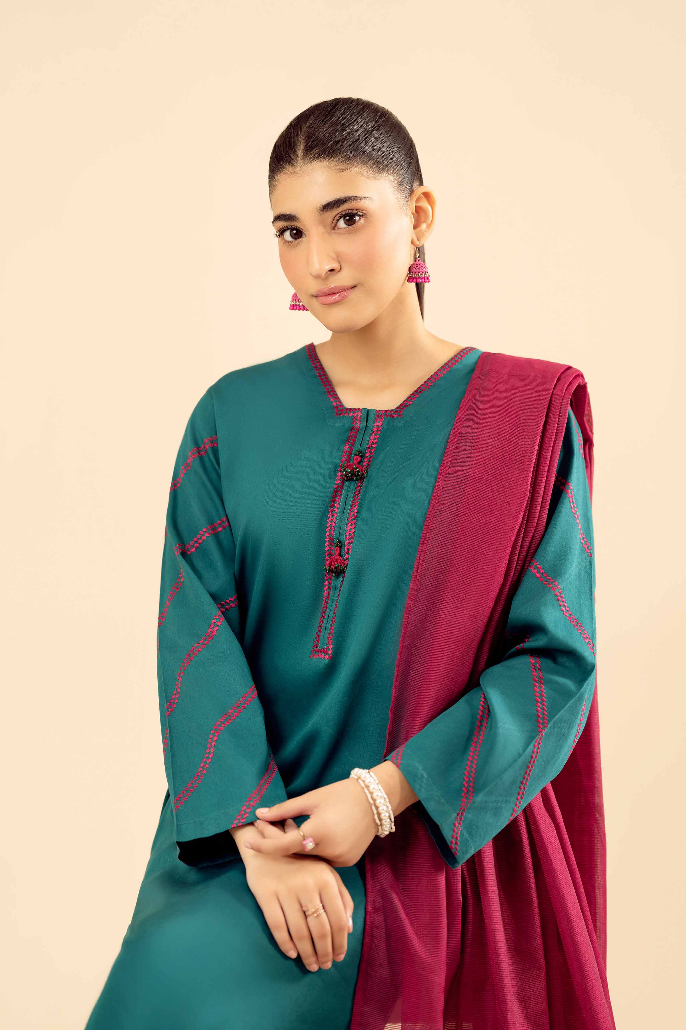 NISHATUAE - Green Embroidered Satin 3-piece Ready to wear Suit