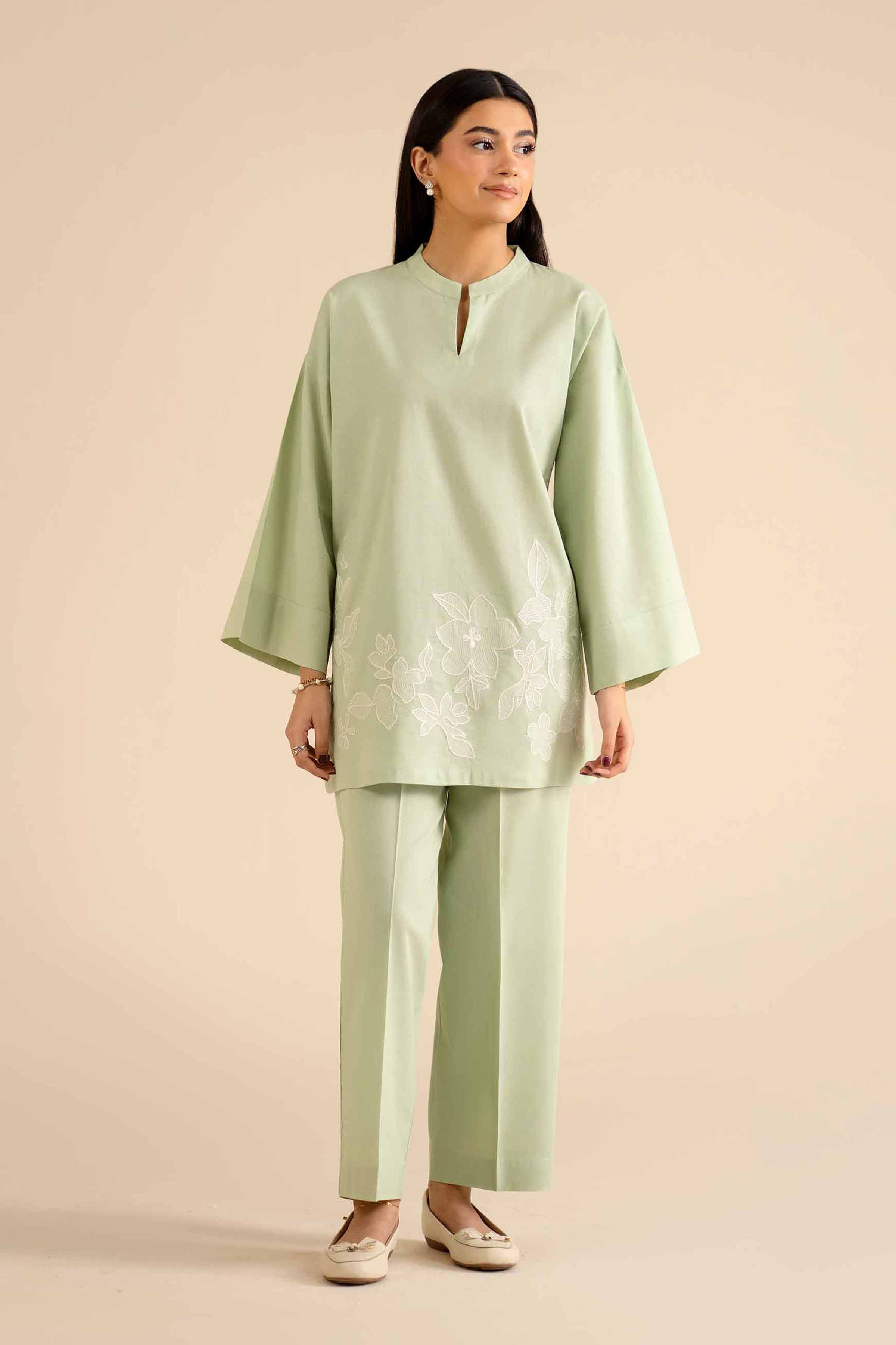 NISHATUAE - Green Embroidered Cotton 2-piece Ready to wear Dress