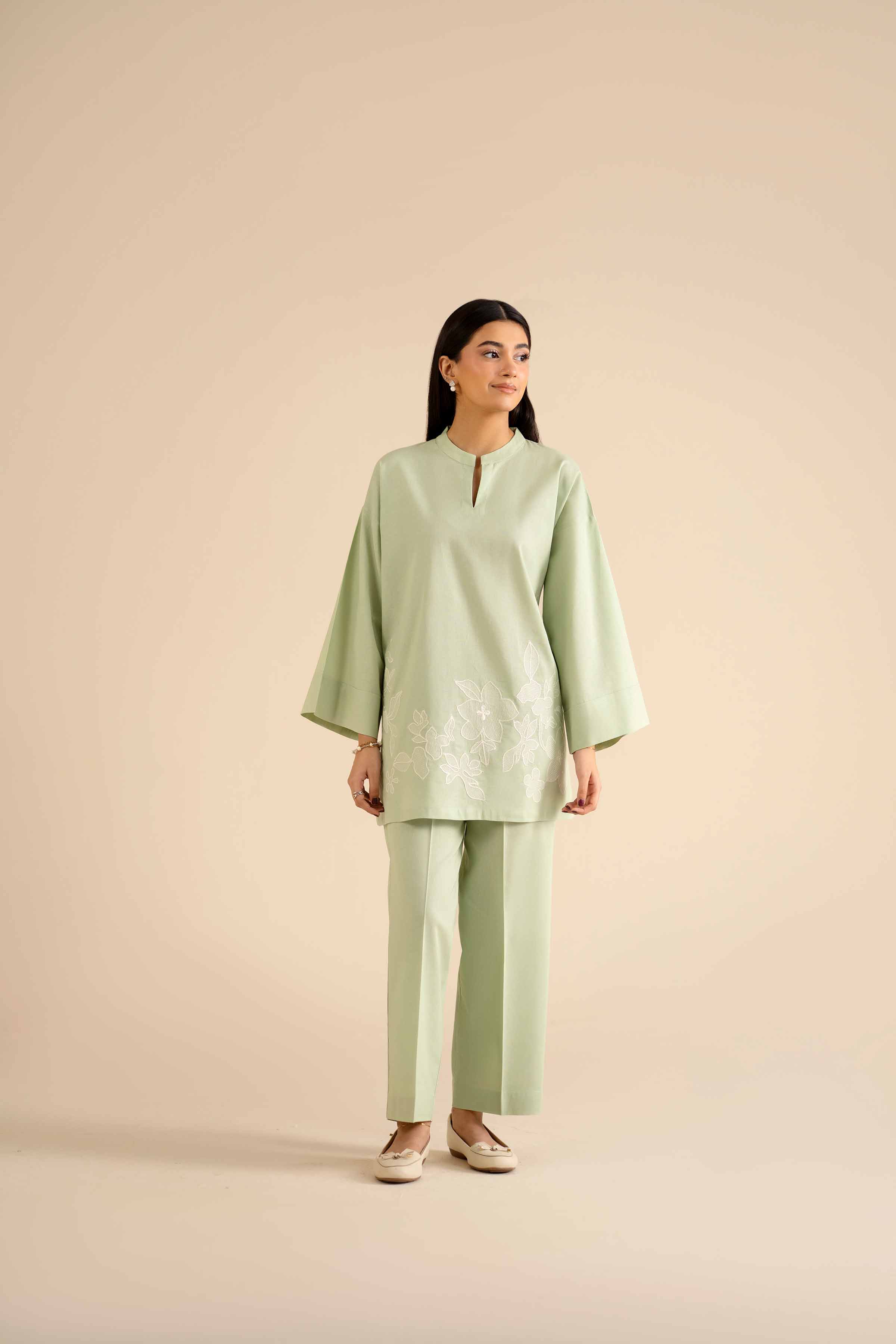 NISHATUAE - Green Embroidered Cotton 2-piece Ready to wear Dress