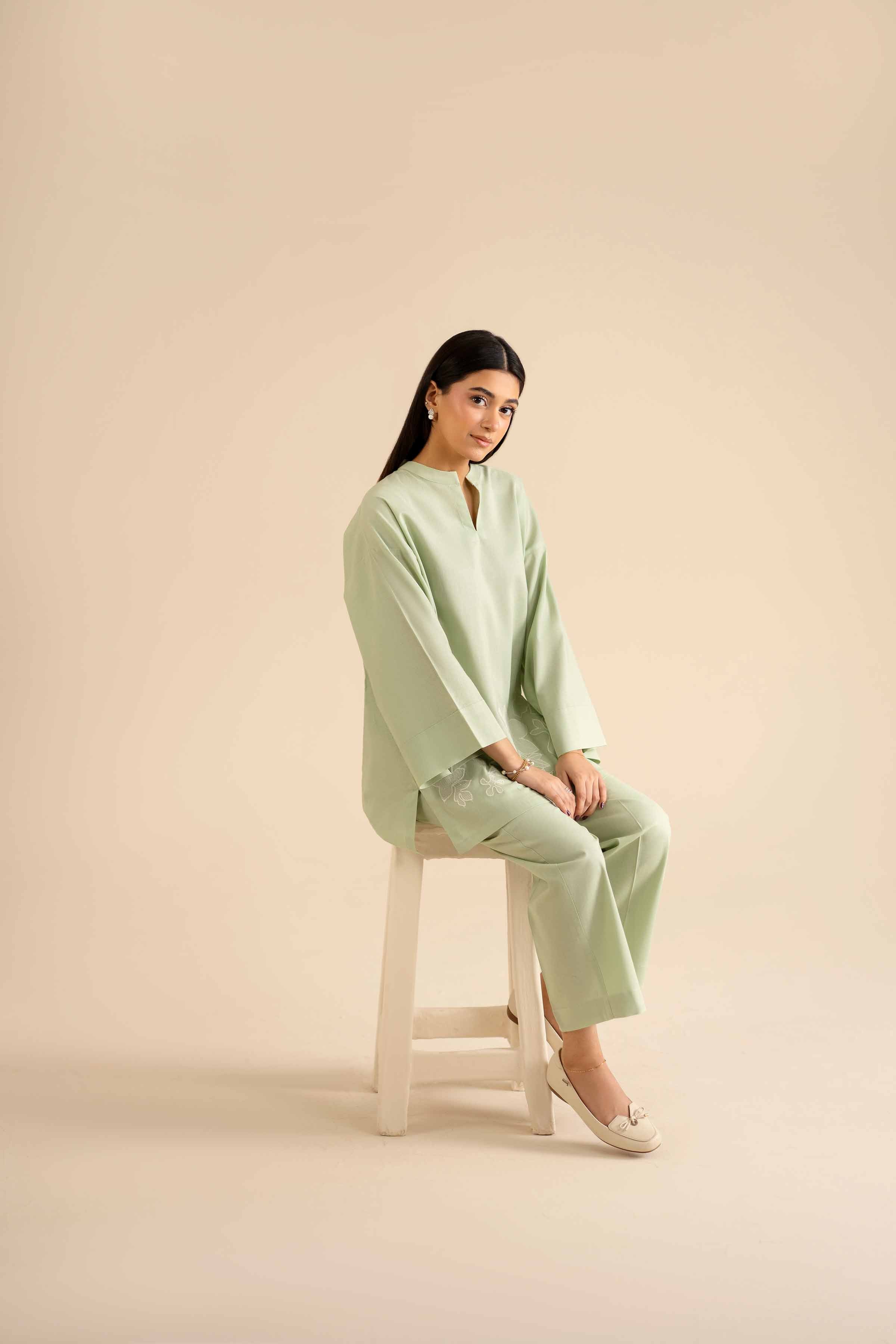 NISHATUAE - Green Embroidered Cotton 2-piece Ready to wear Dress