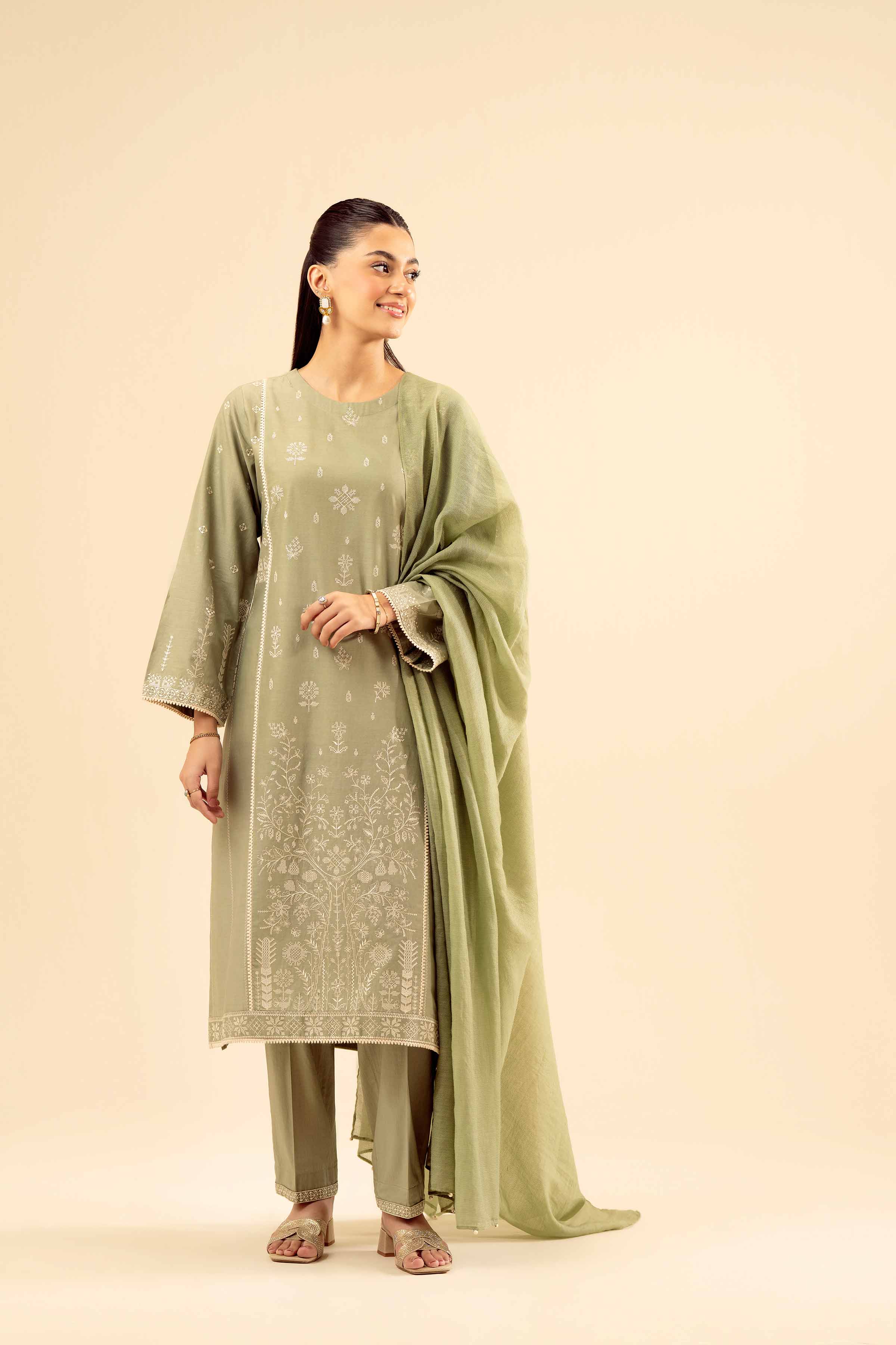 NISHATUAE - Green Embroidered Cambric 2-piece Ready to wear Dress