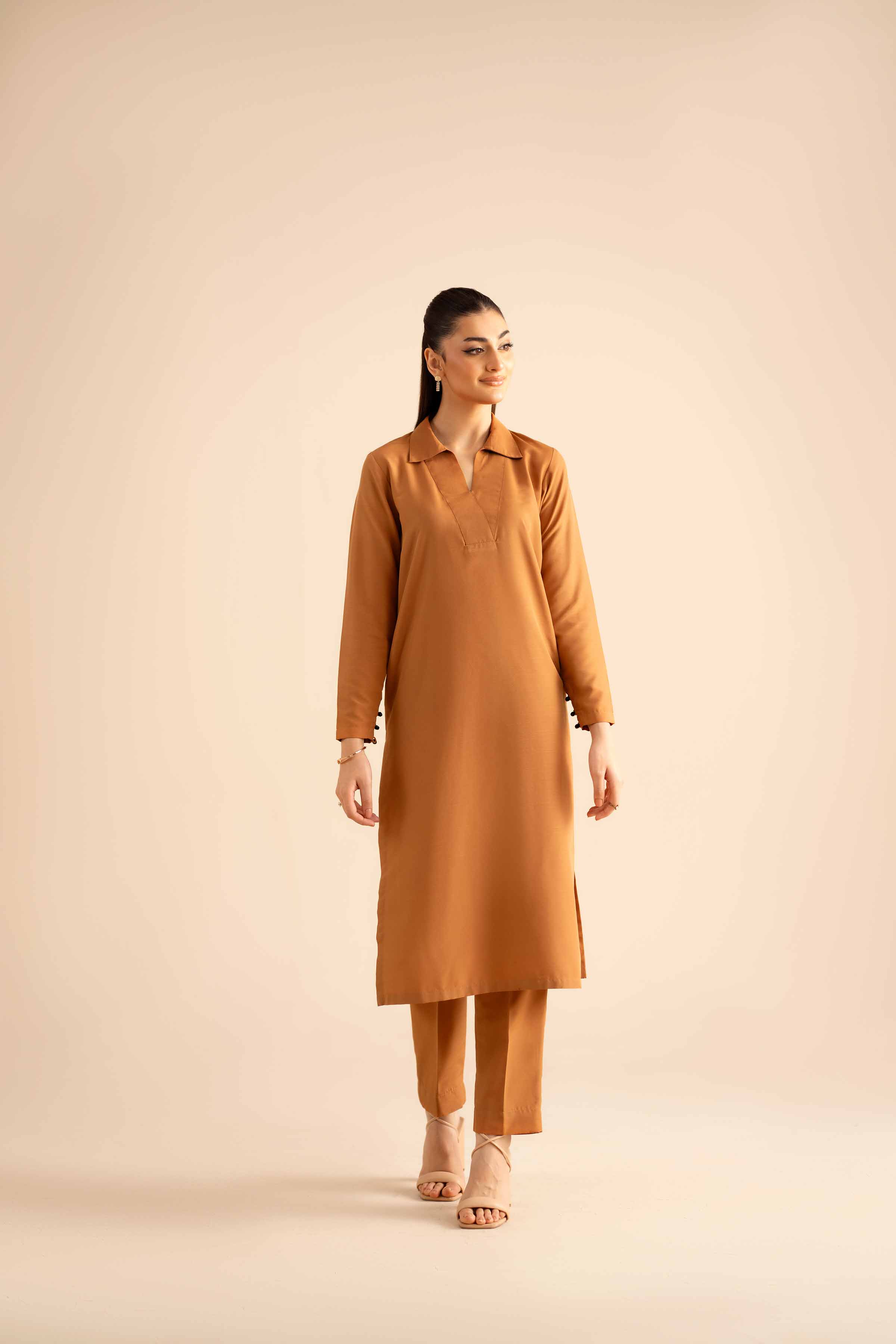 NISHATUAE - Brown Solids Silk 2-piece Ready to wear Dress