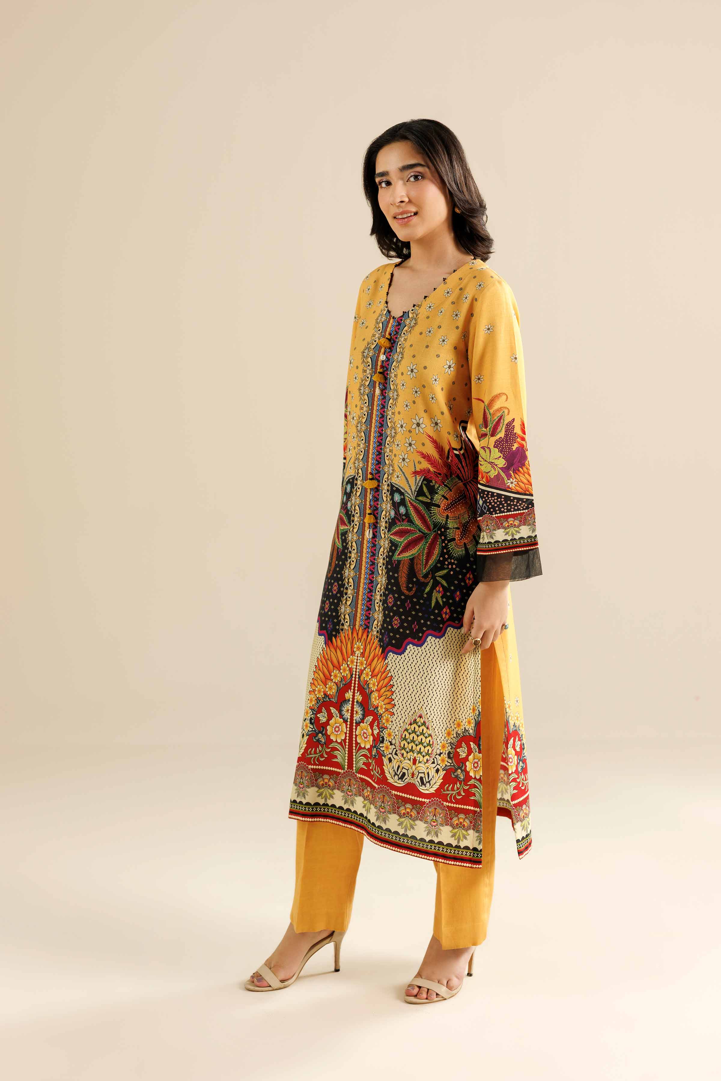 NishatUAE -  Mustard Printed Linen 2-piece Ready to wear Dress