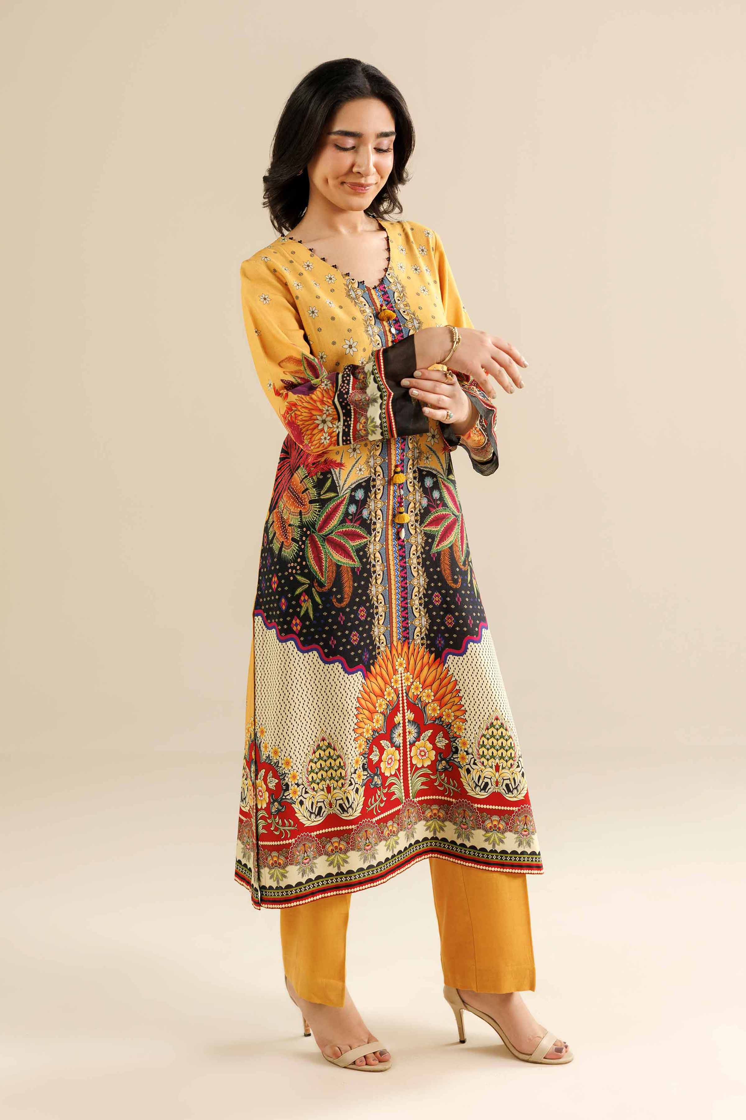 NishatUAE -  Mustard Printed Linen 2-piece Ready to wear Dress