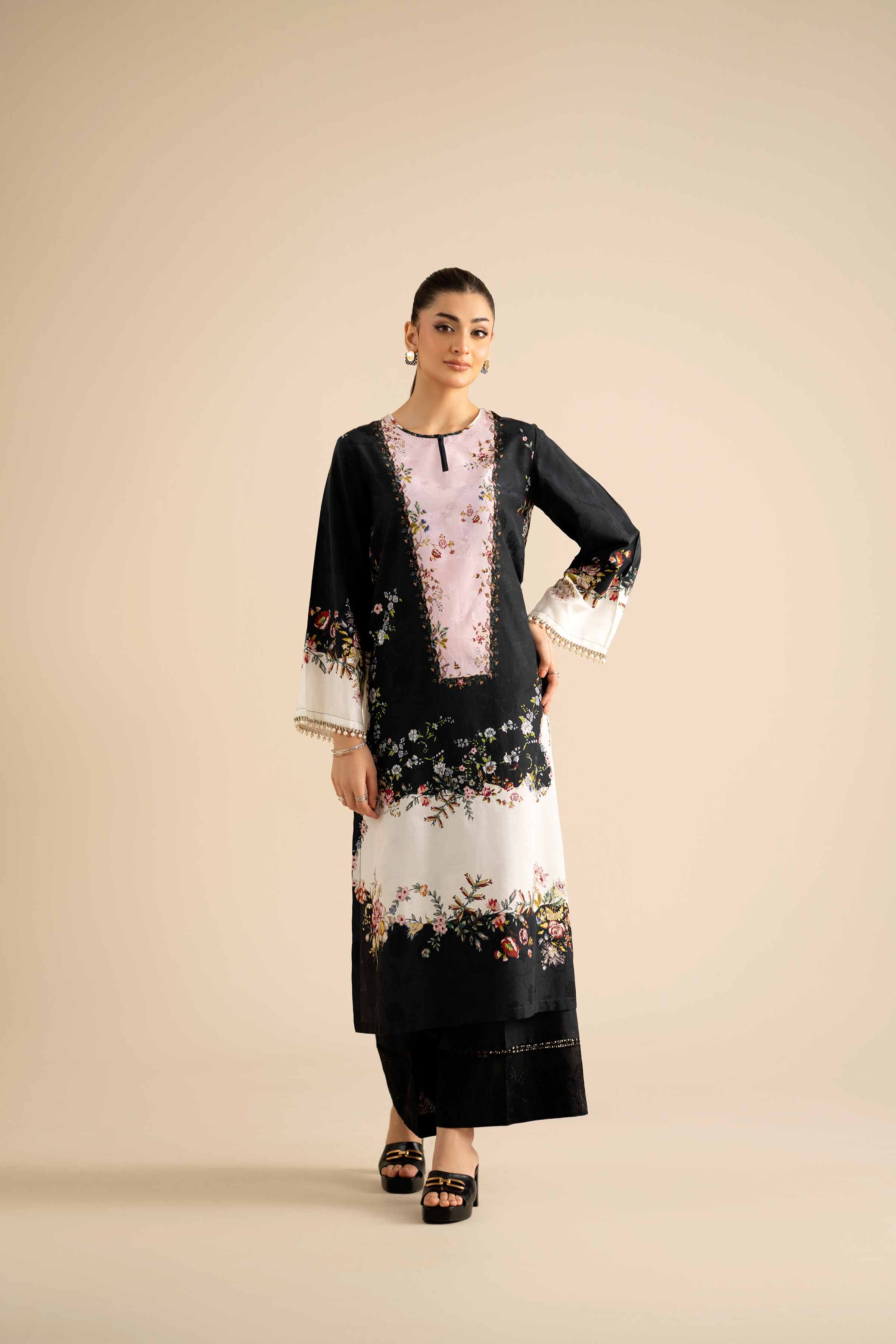 NISHATUAE - Black Printed Jacquard 2-piece Ready to wear Dress