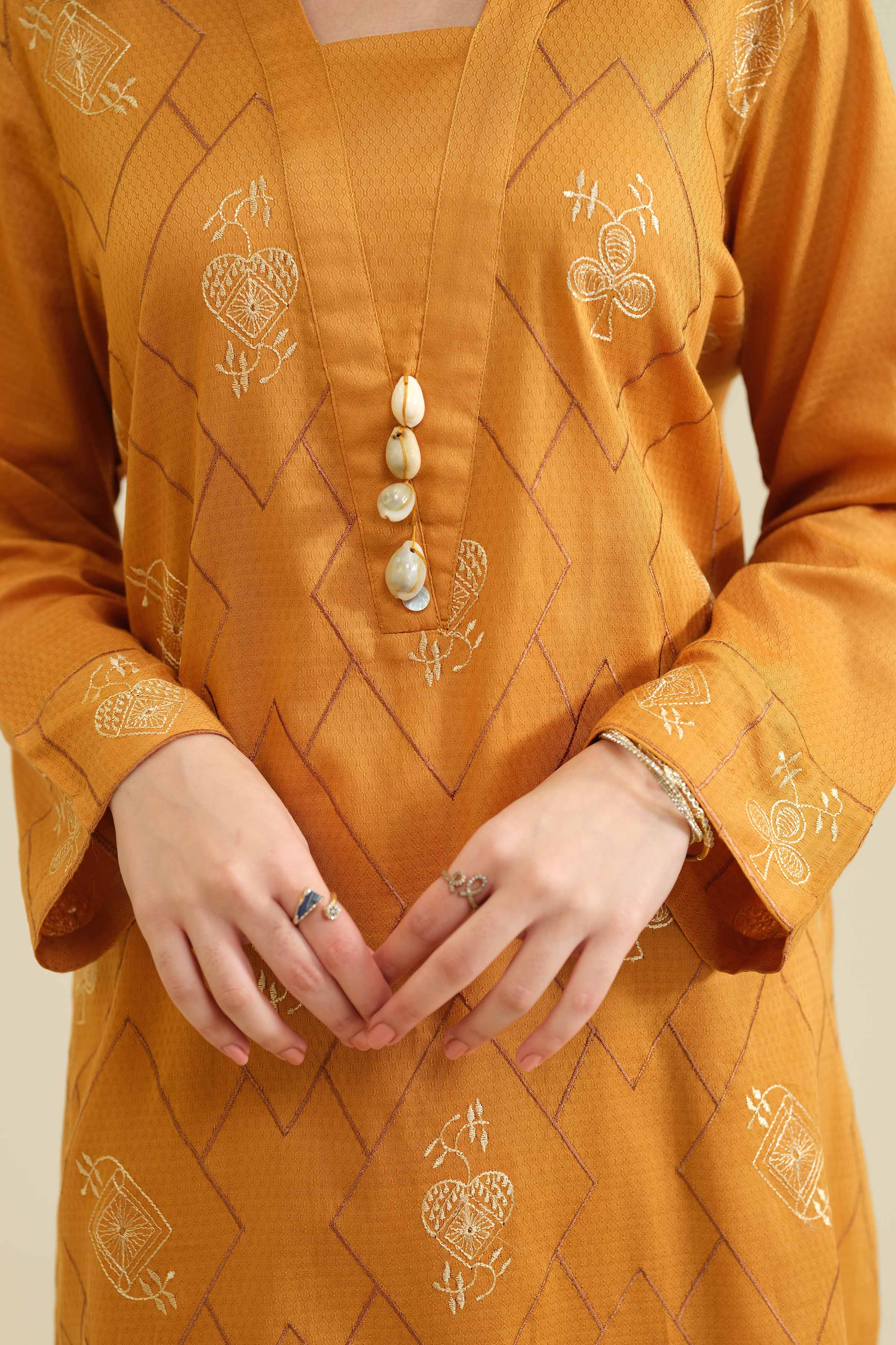 NISHATUAE - Mustard Embroidered Cambric Ready to wear Shirt