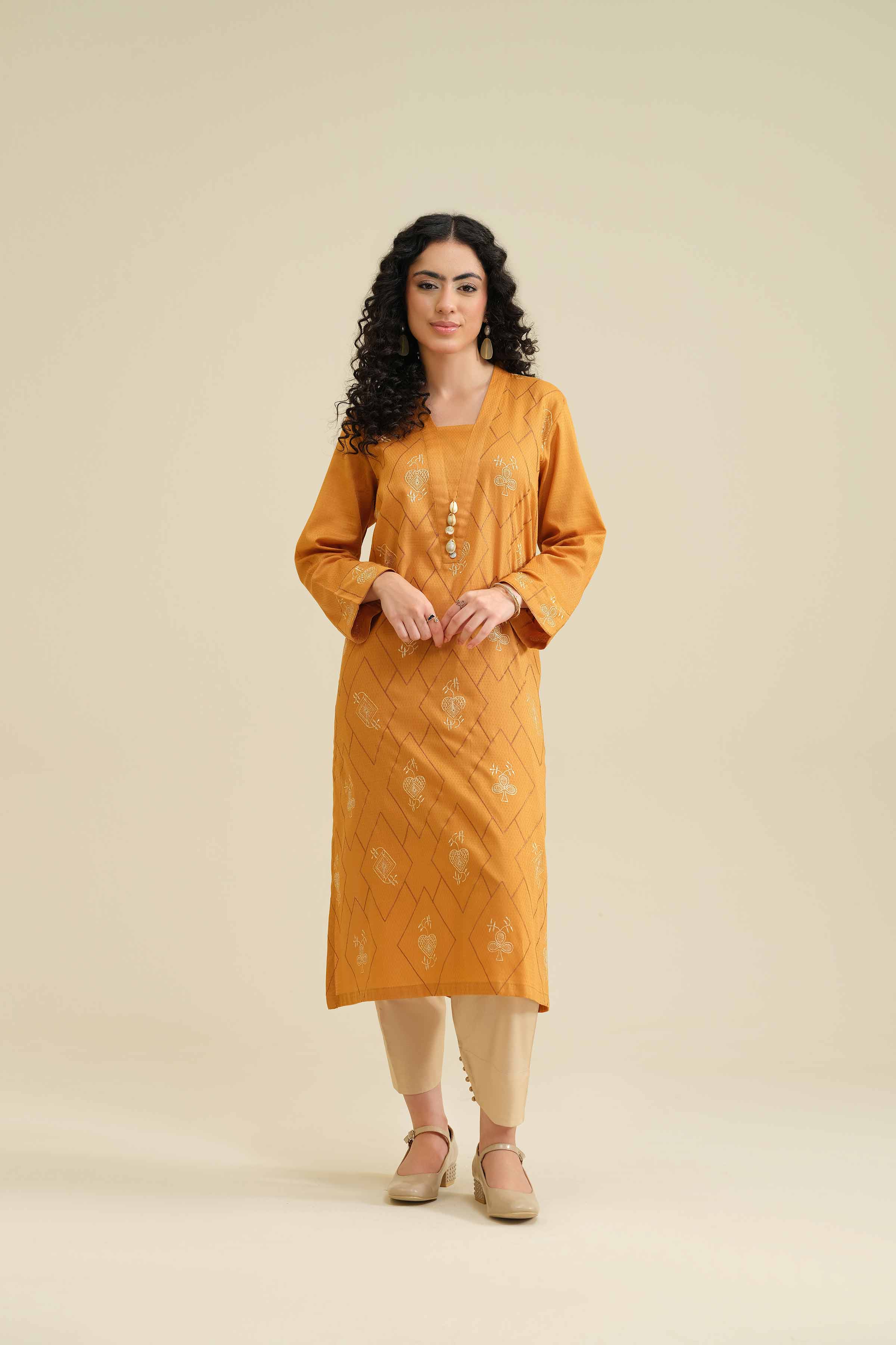 NISHATUAE - Mustard Embroidered Cambric Ready to wear Shirt