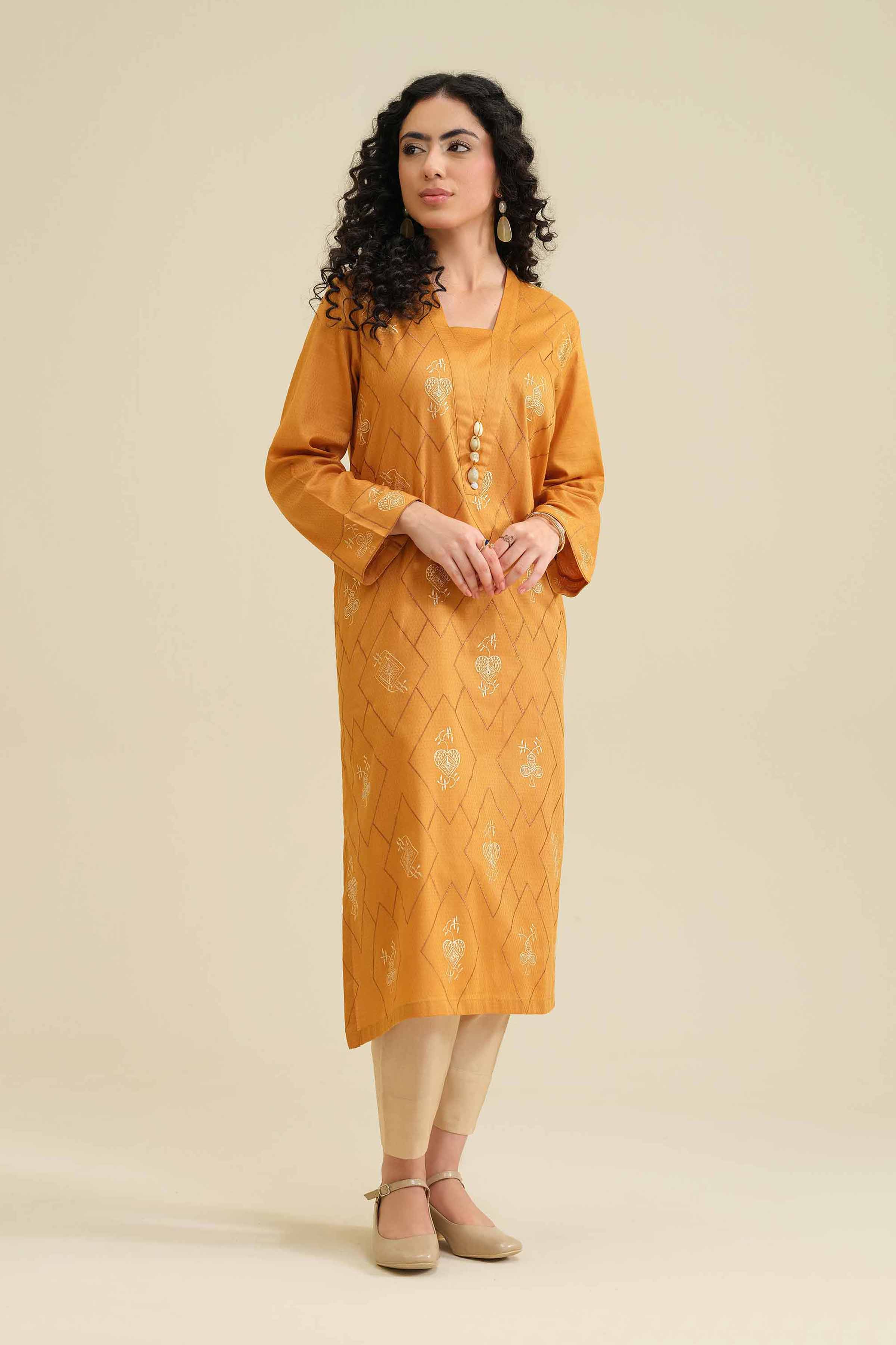 NISHATUAE - Mustard Embroidered Cambric Ready to wear Shirt