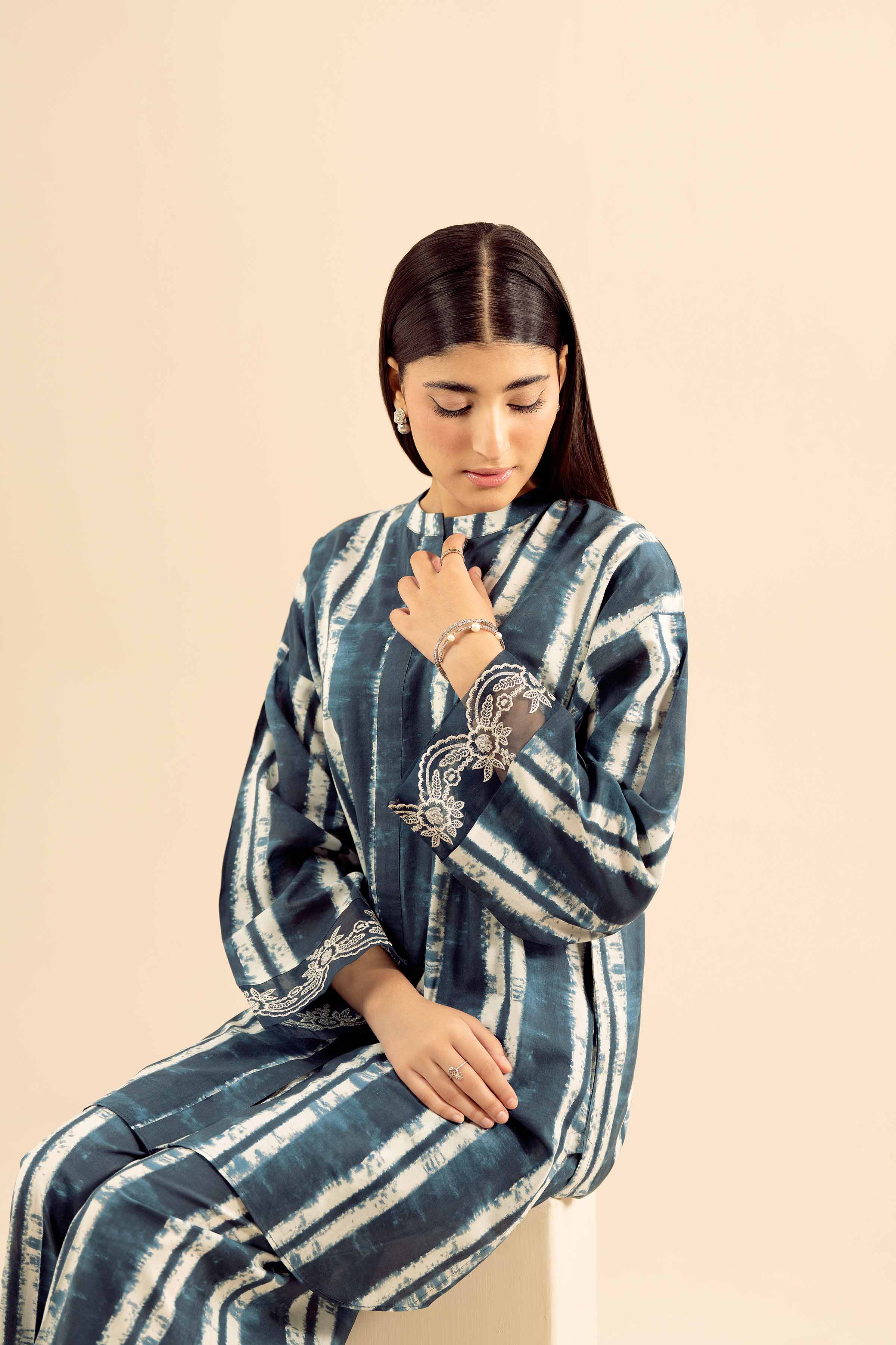 NISHATUAE - Blue Embroidered Cambric 2-piece Ready to wear Dress