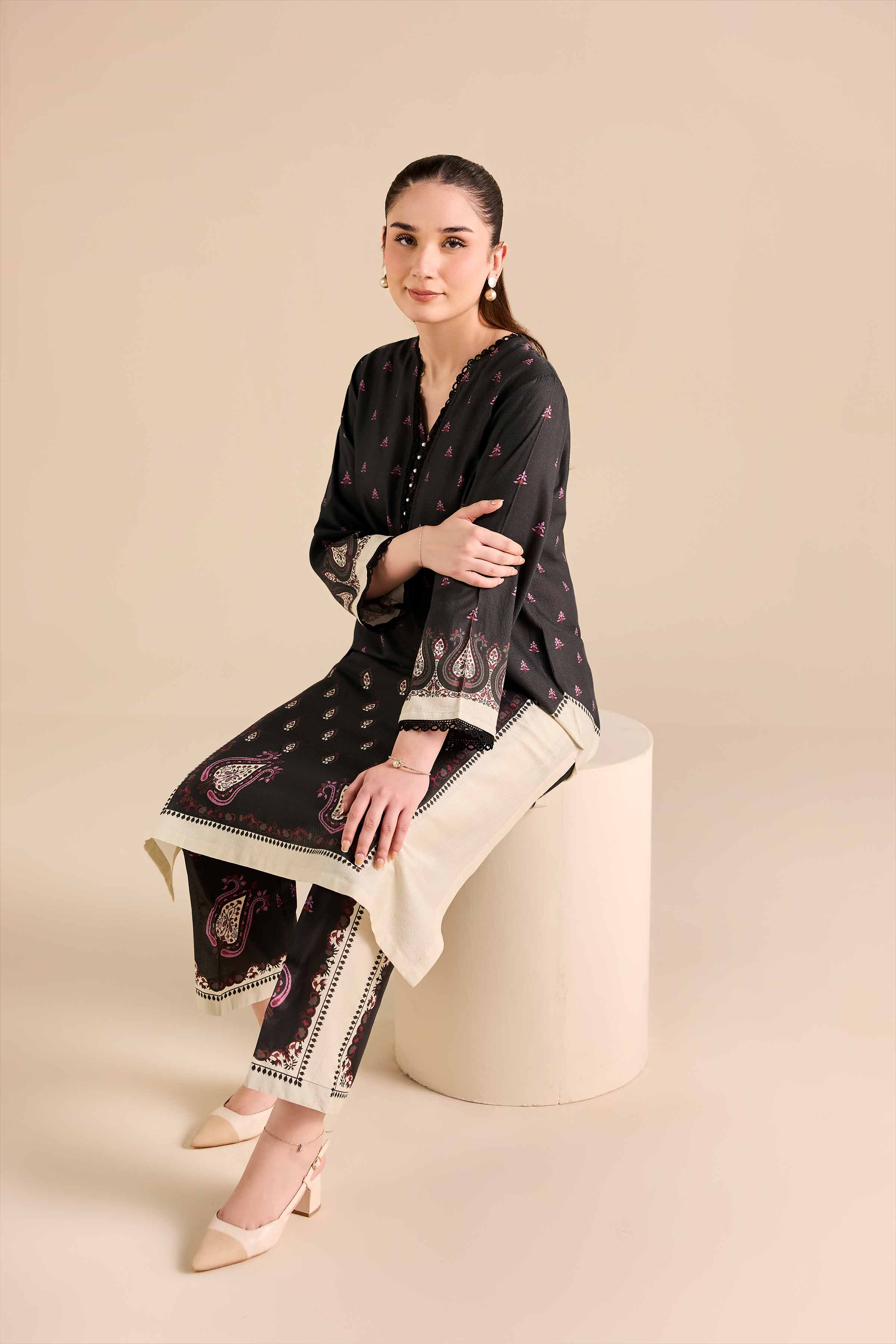 NISHATUAE - Black Printed Dobby 2-piece Ready to wear Dress