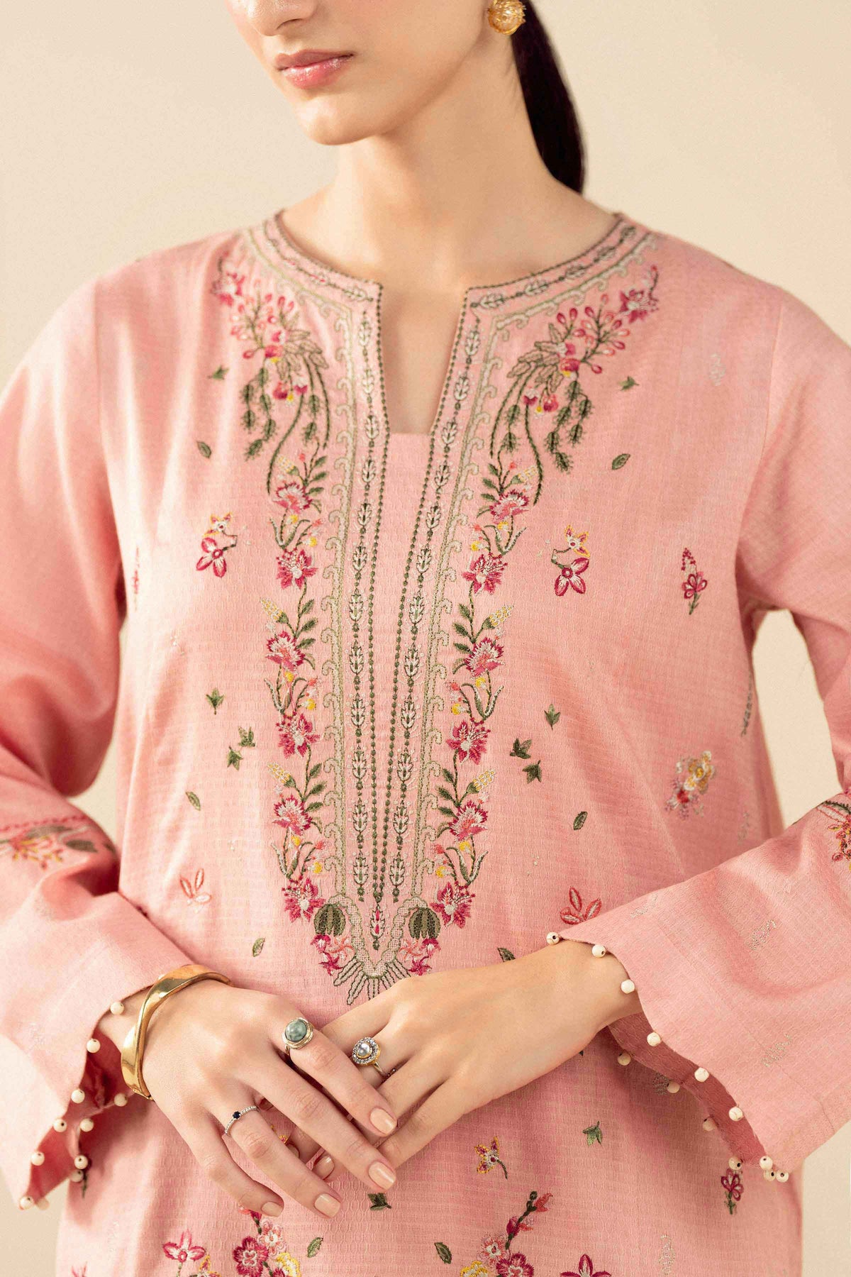 Pink 2-Piece Embroidered Suit in Dobby ready-to-wear