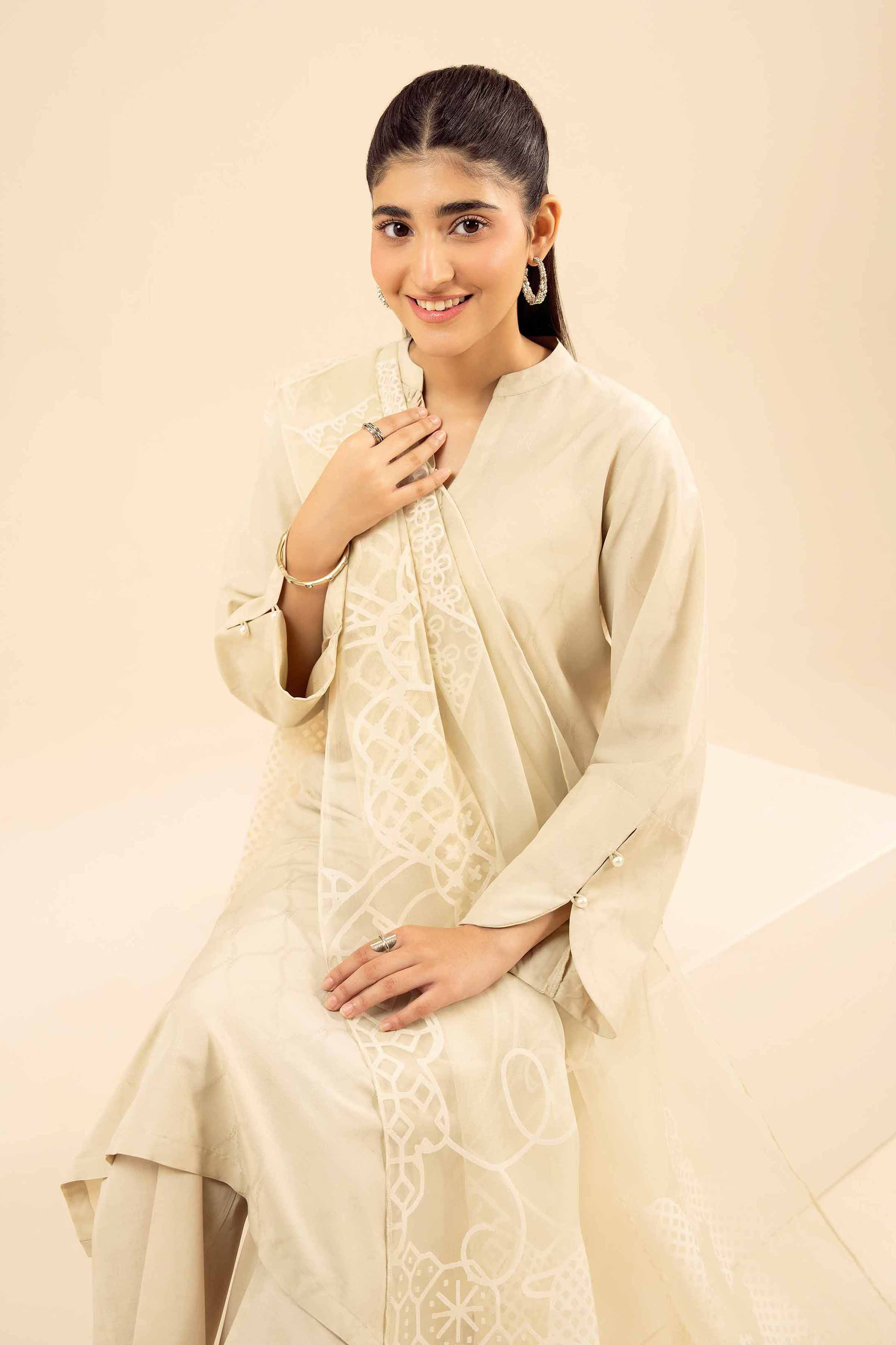 NISHATUAE - Beige Printed Jacquard 3-piece Ready to wear Suit